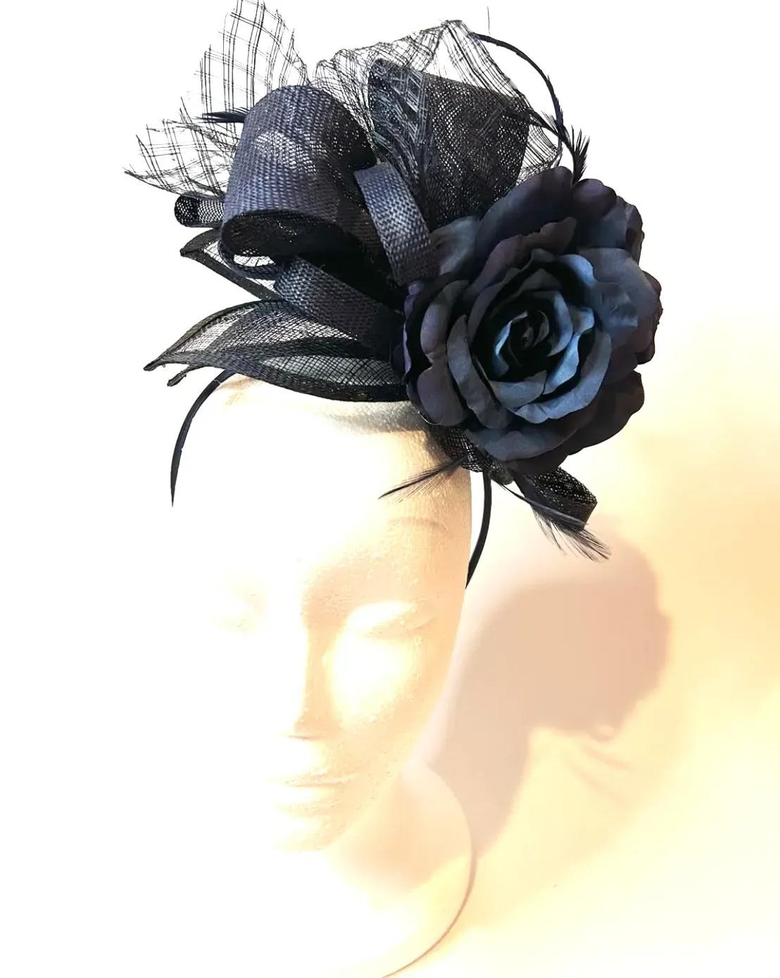 Black Fascinator Headband with Rose and Sinamay Loops 