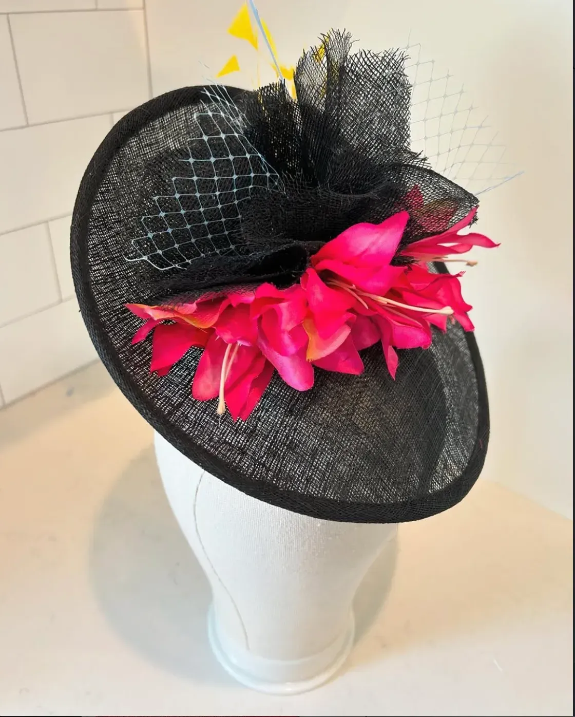Black Saucer Fascinator Hat with Fuchsia Lilies and Veil — handmade in Louisville, KY