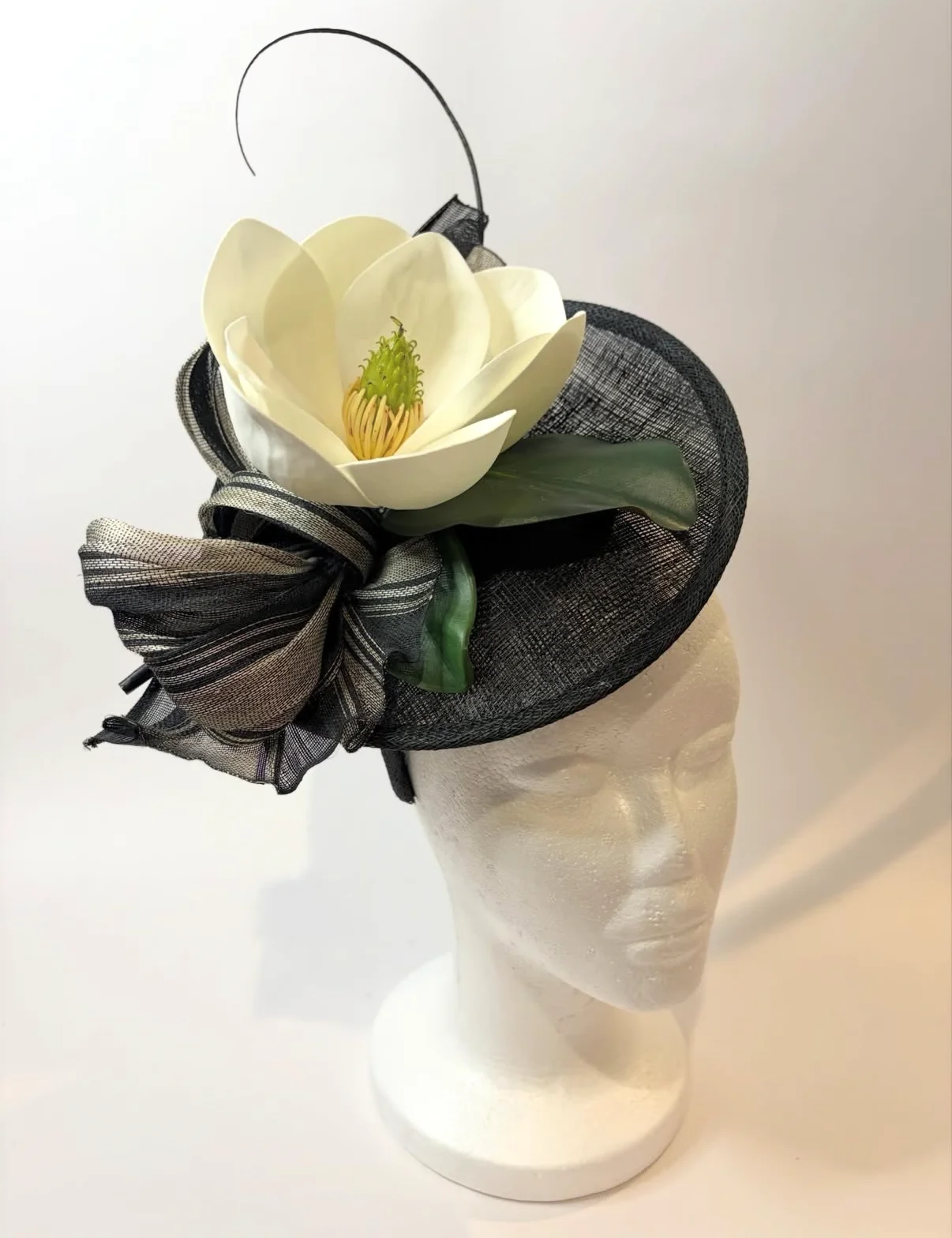 Black Saucer Fascinator Hat with White Magnolia and Quill — handmade in Louisville, KY