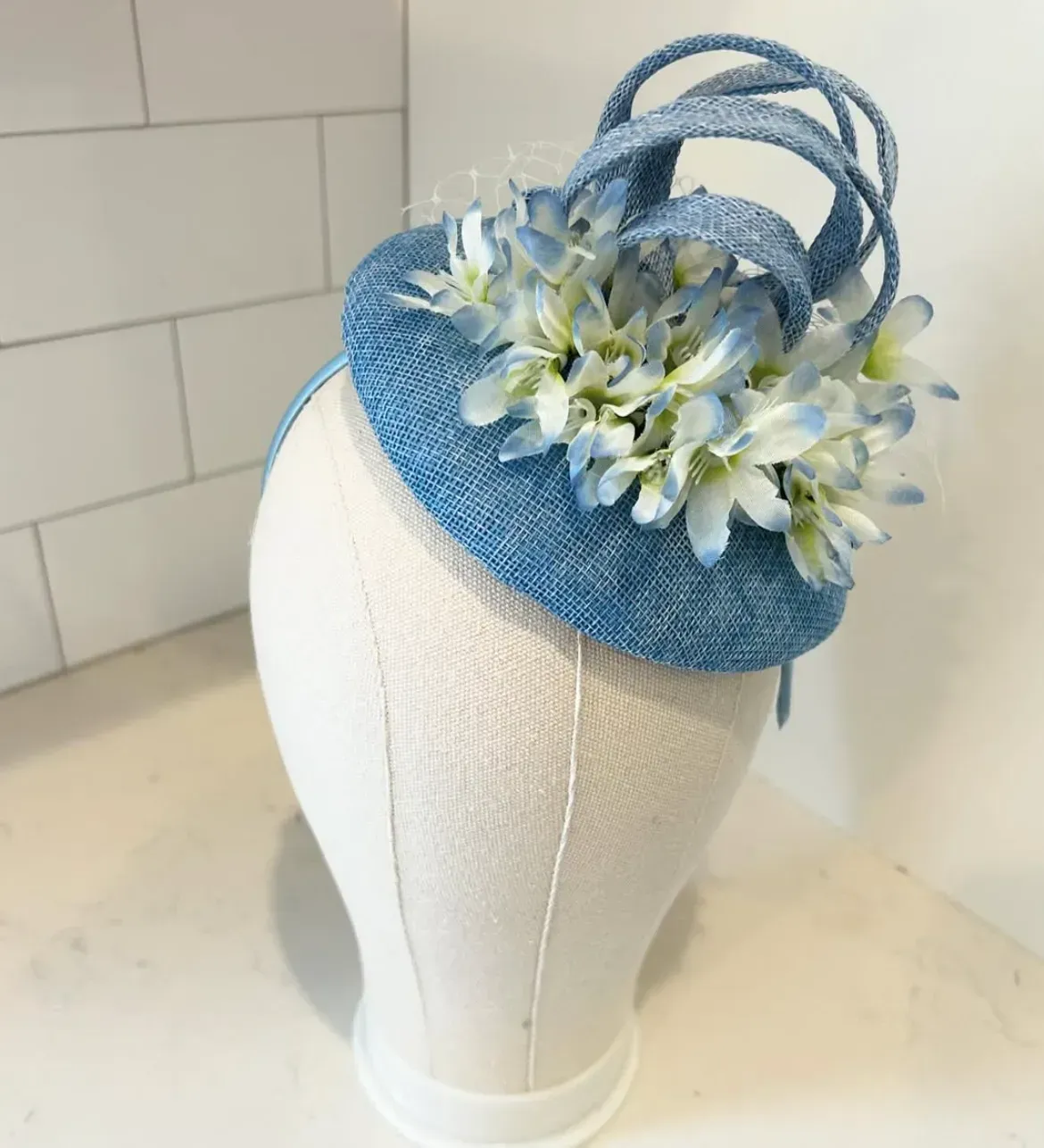 Blue Pillbox Fascinator Hat with Hydrangea and Sinamay Curls — handmade in Louisville, KY
