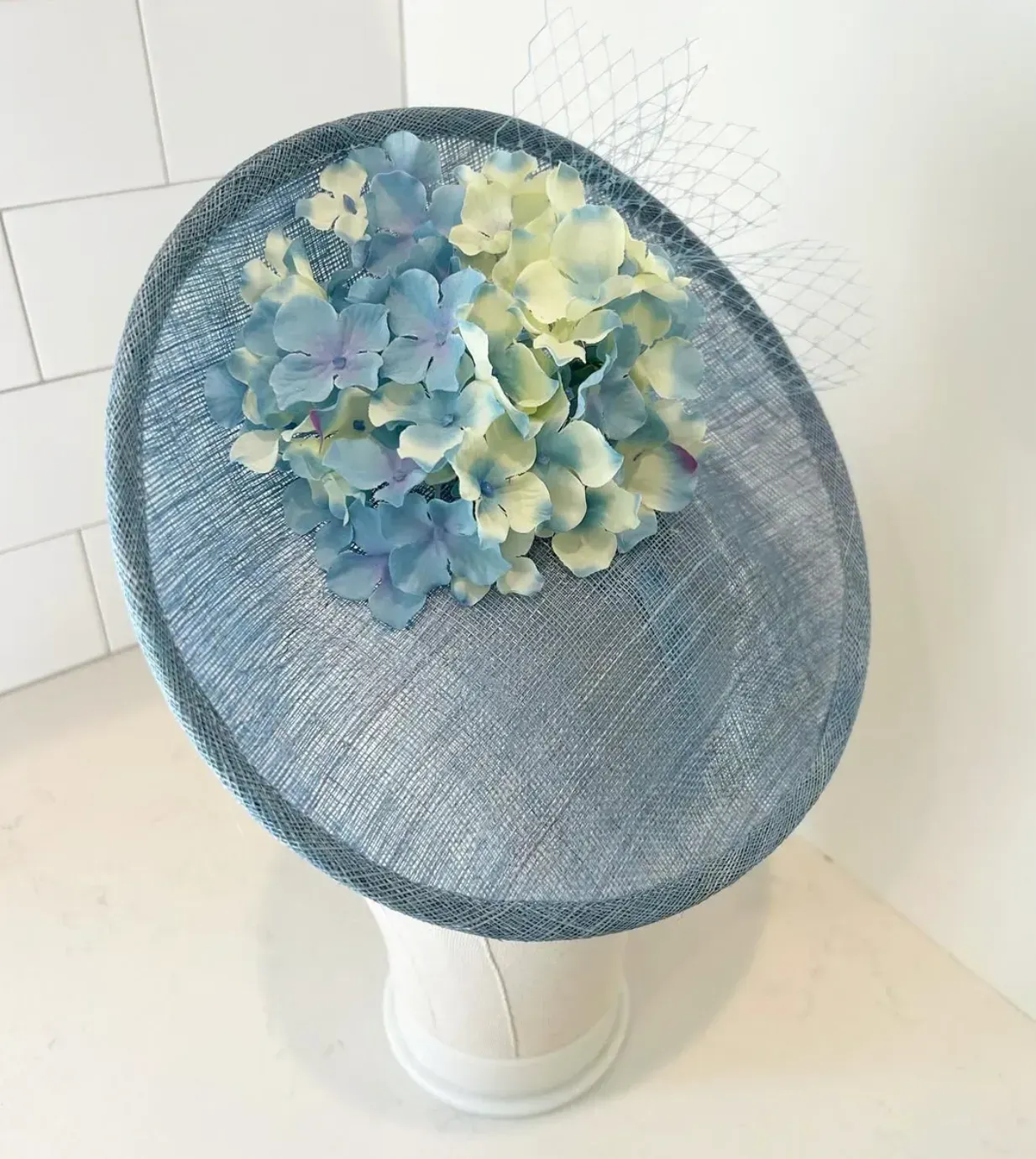 Blue Saucer Fascinator Hat with Hydrangea & Veiling 