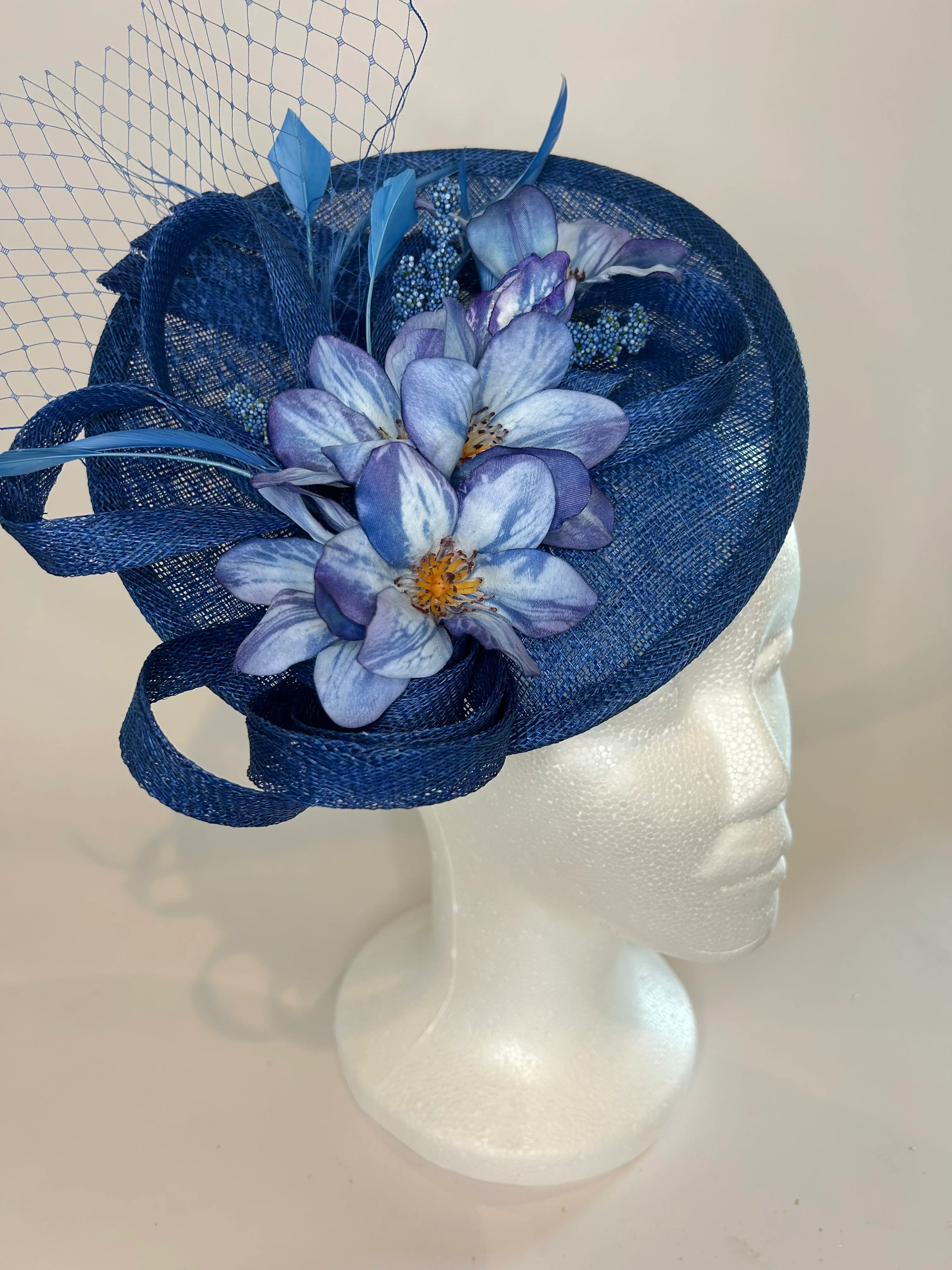 Blue Saucer Fascinator Hat with Orchid and Netting — handmade in Louisville, KY
