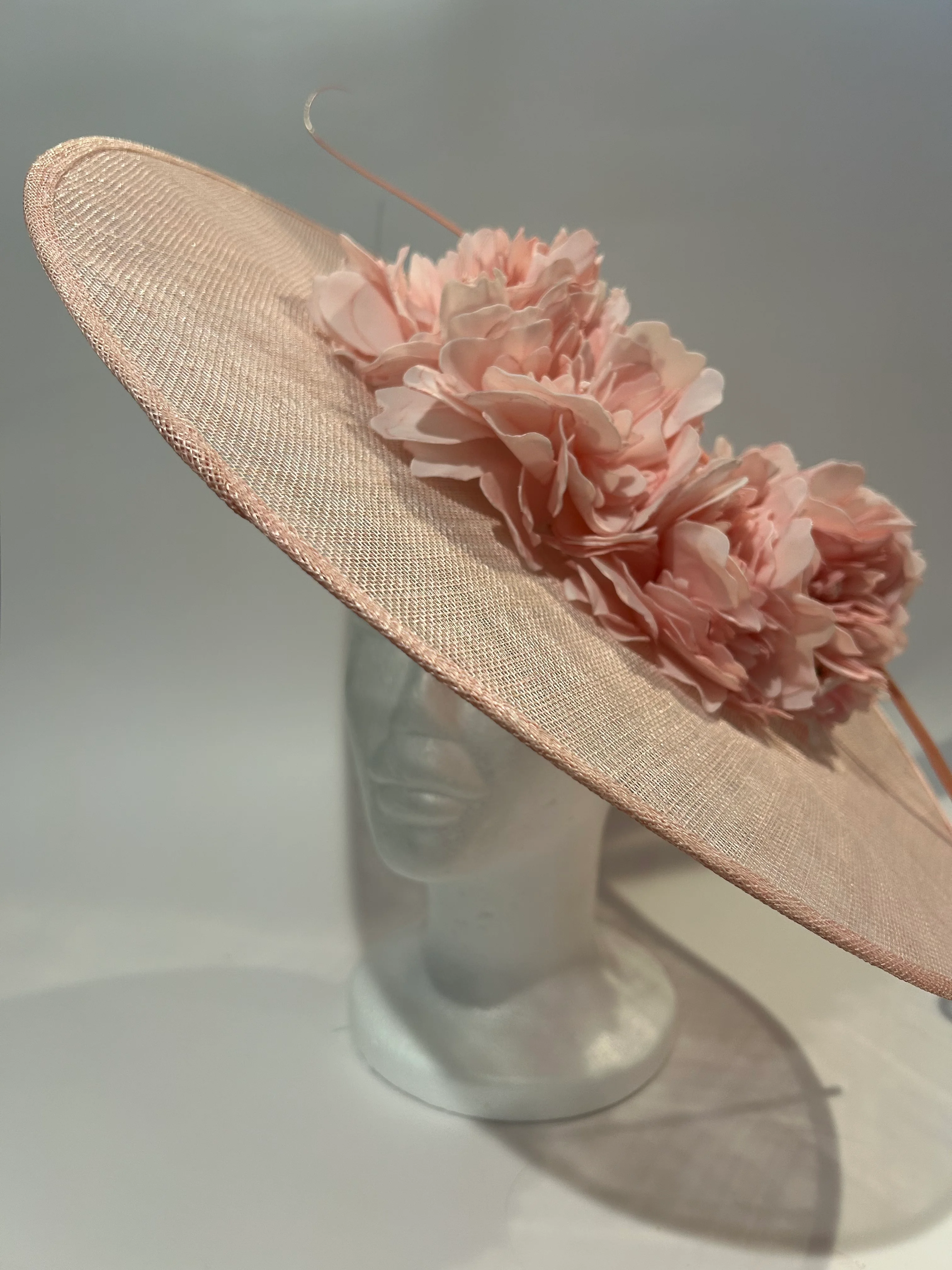 Blush Large Derby Hat with Peony Blooms and Quill — handmade in Louisville, KY