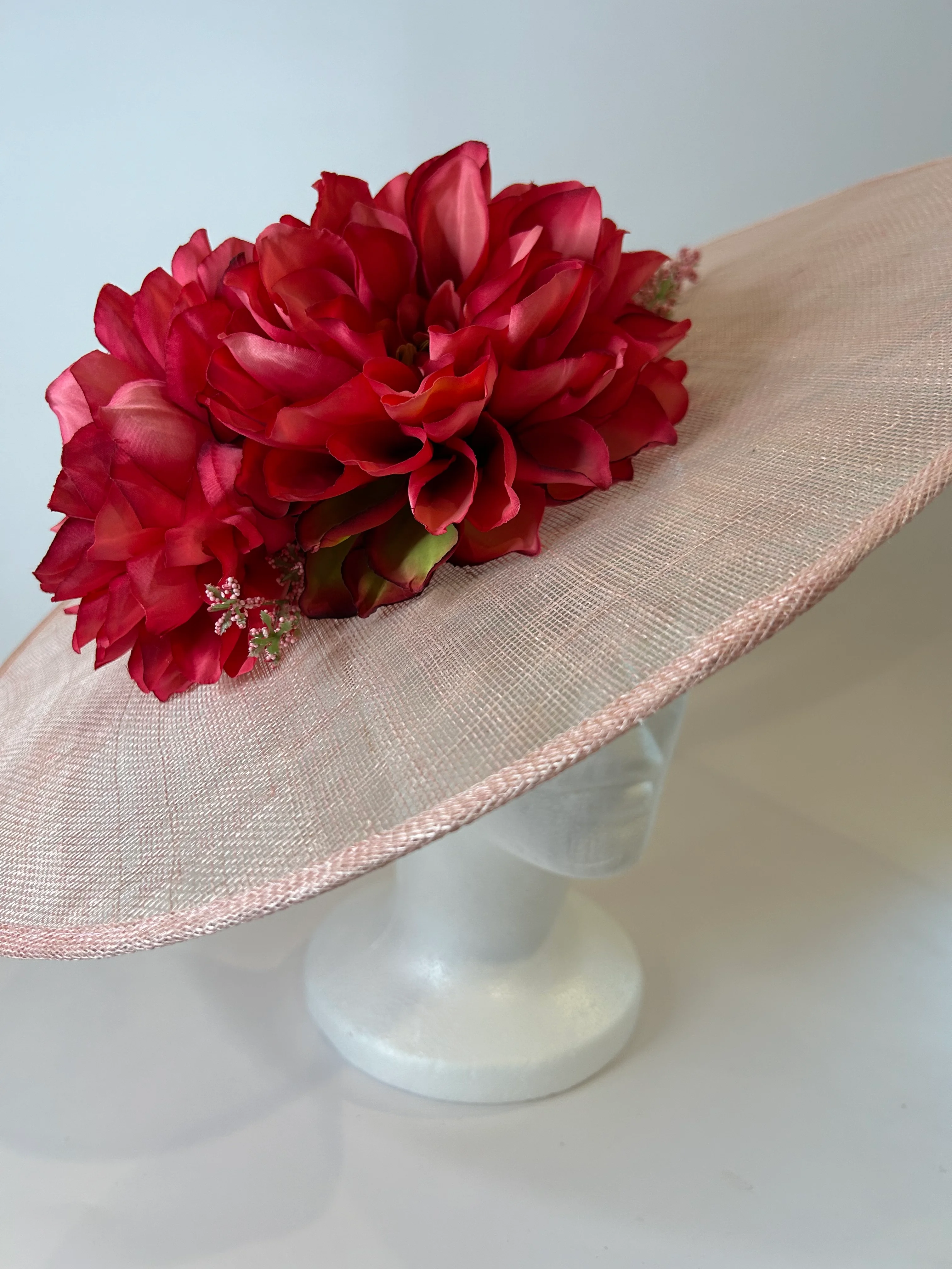 Blush Large Derby Hat with Red Dahlia Blooms — handmade in Louisville, KY