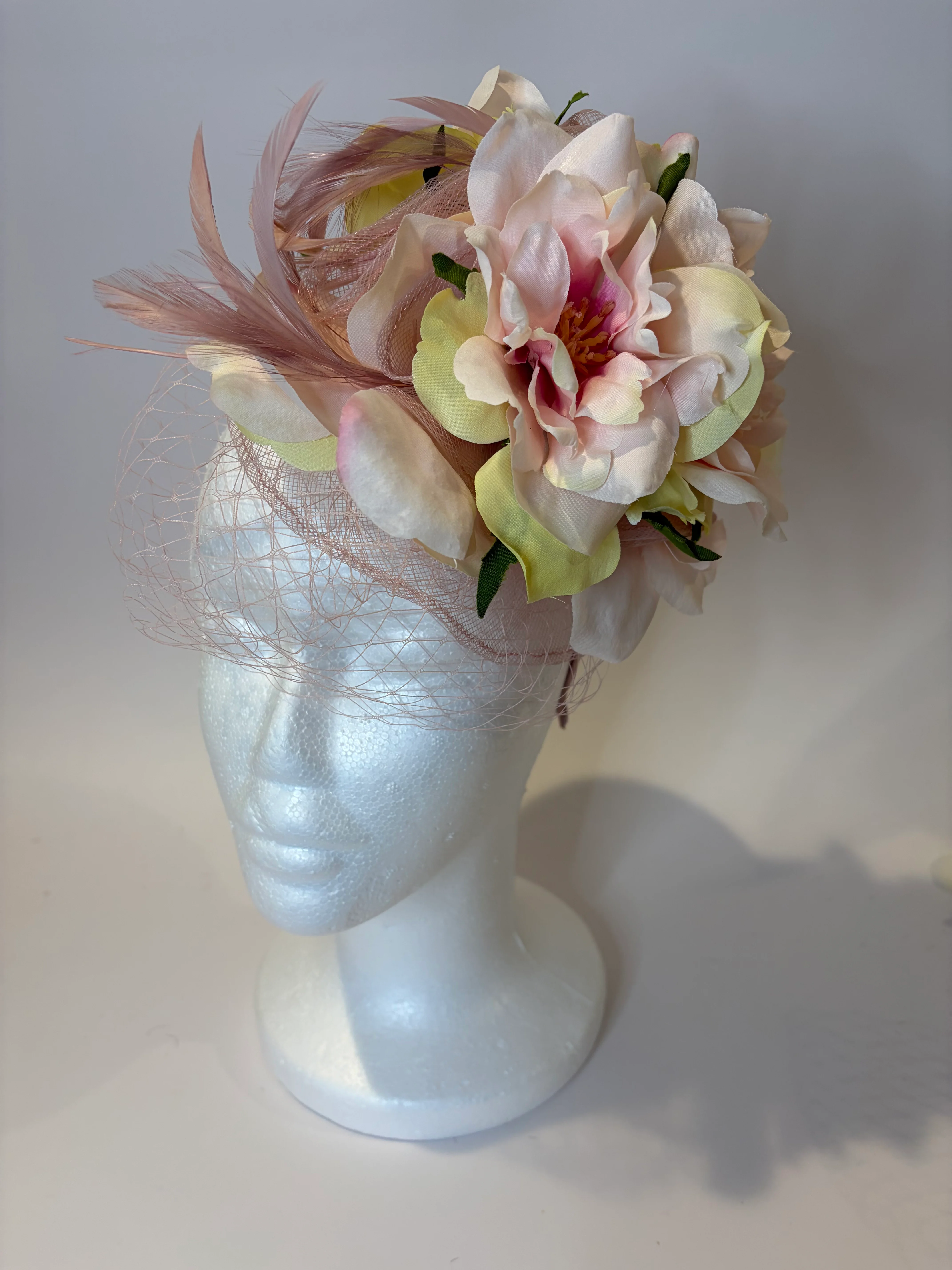 Blush Fascinator Hat with Peonies and Birdcage Veil — handmade in Louisville, KY