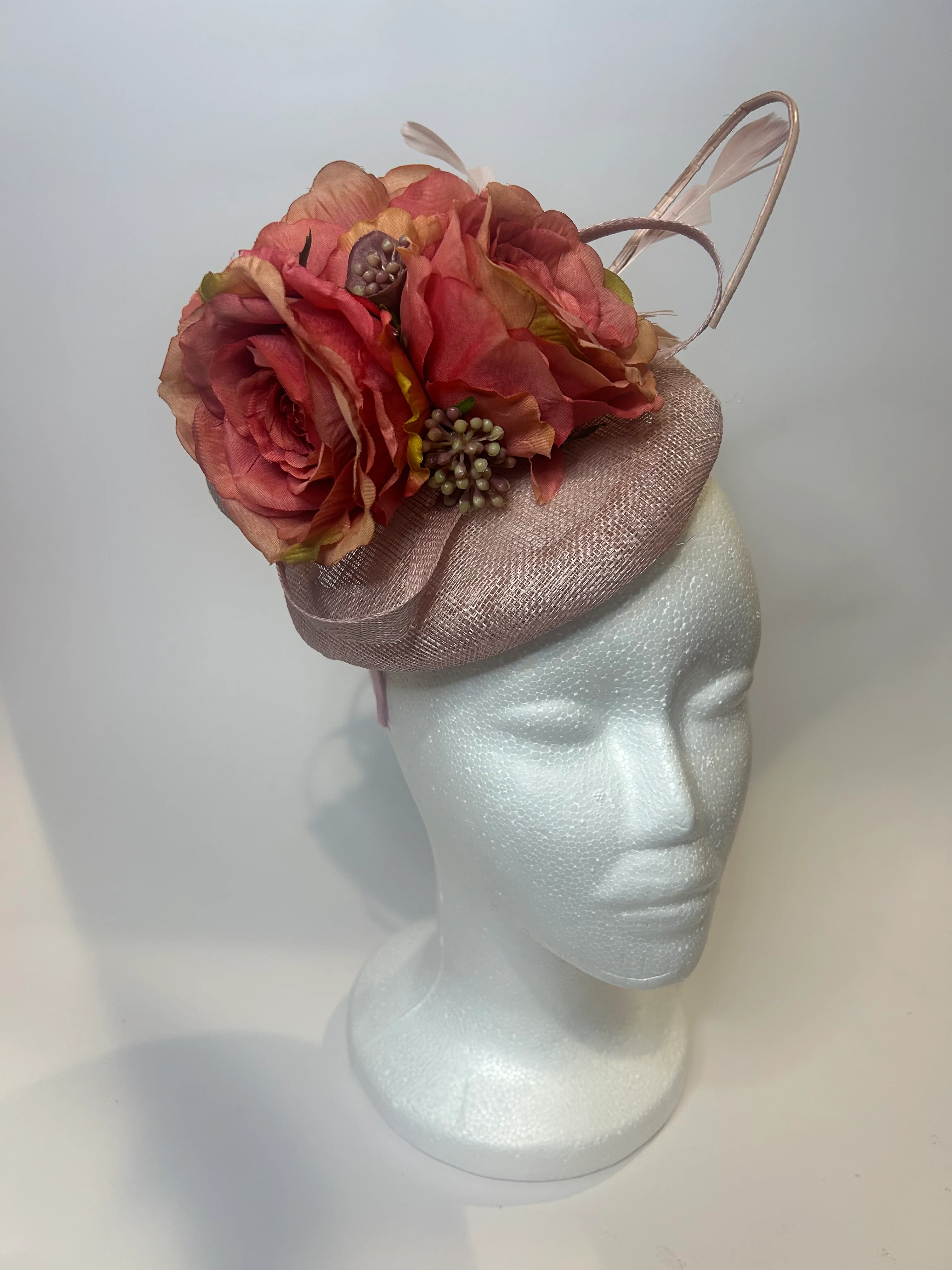 Blush Pillbox Fascinator Hat with Rose Blooms and Berry Accents — handmade in Louisville, KY