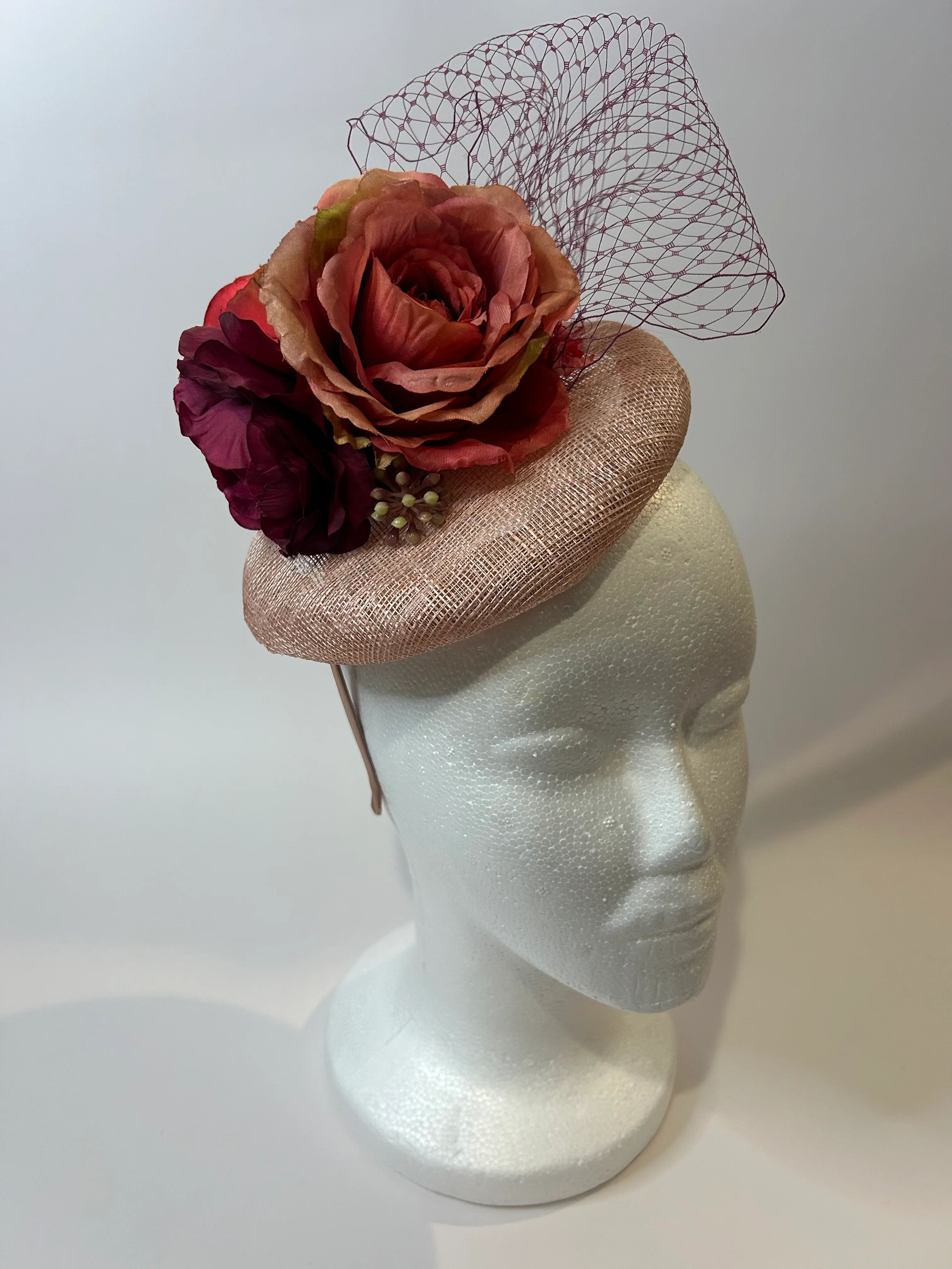 Blush Pillbox Fascinator Hat with Rose and Burgundy Netting — handmade in Louisville, KY