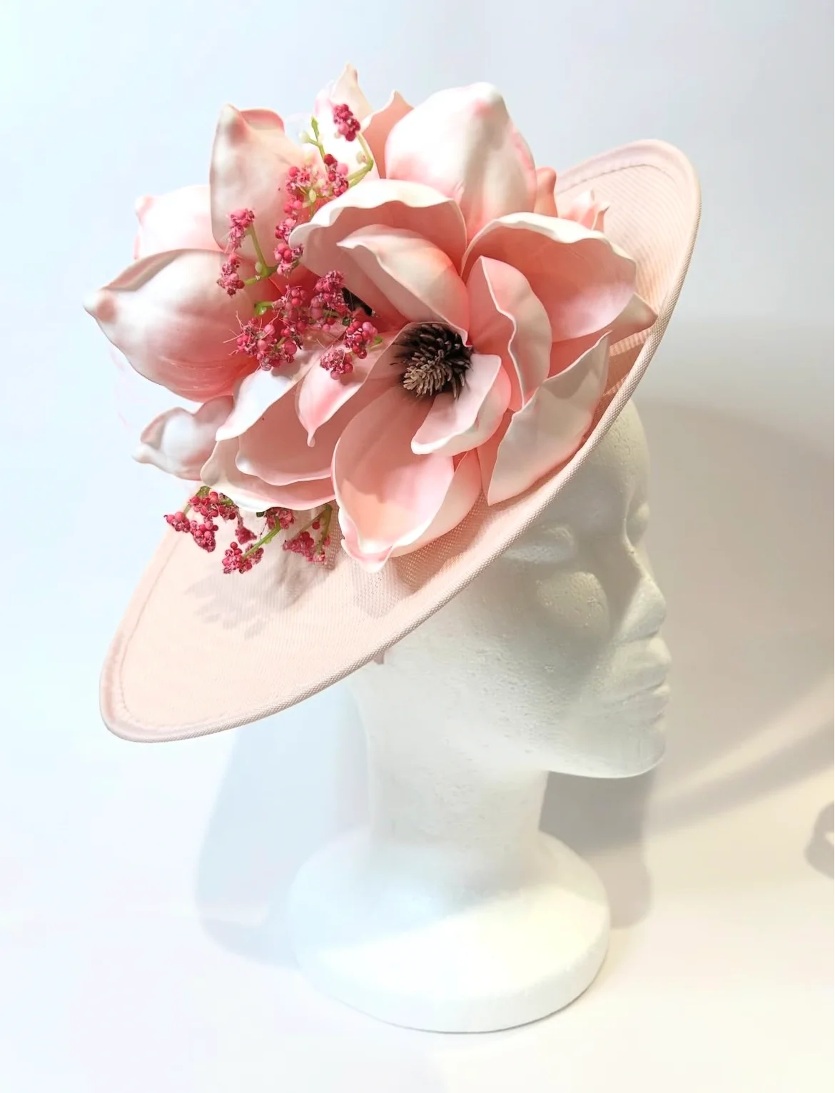 Blush Saucer Fascinator Hat with Magnolia and Berry Accents — handmade in Louisville, KY