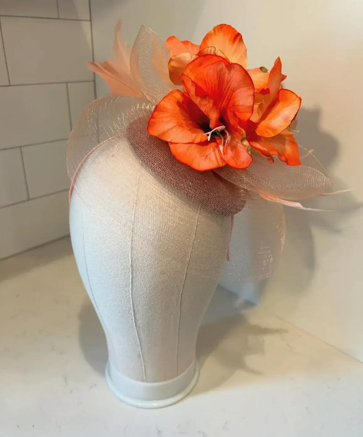 Blush Pillbox Fascinator Hat with Orange Orchid and Feathers — handmade in Louisville, KY