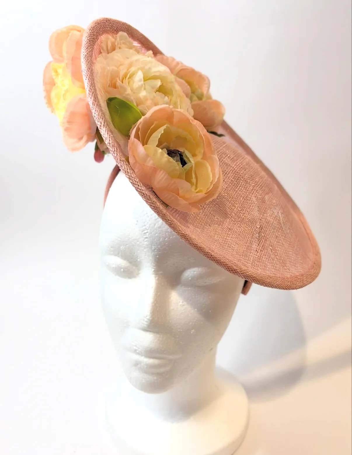 Blush Saucer Fascinator Hat with Peach Ranunculus — handmade in Louisville, KY