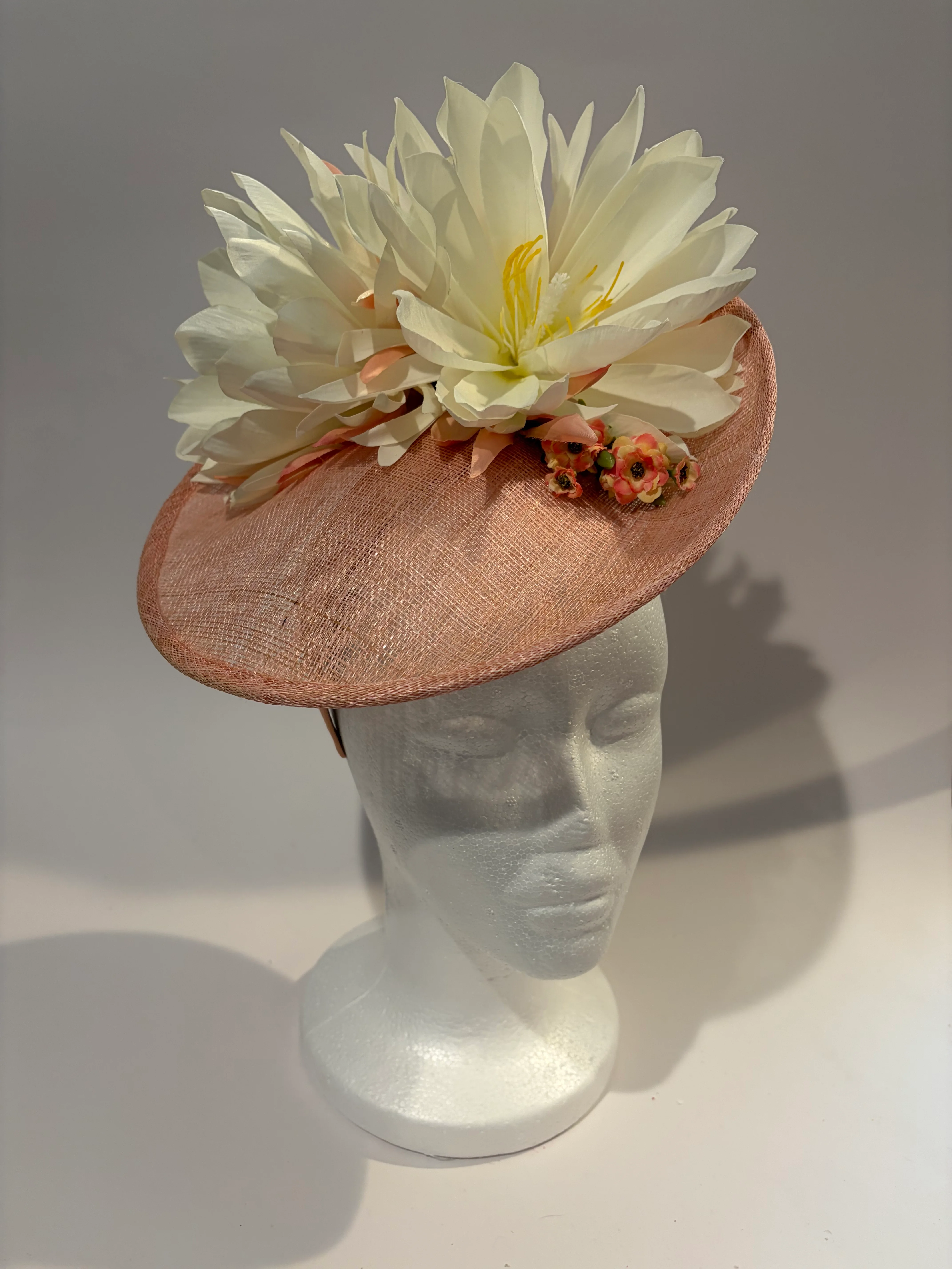 Blush Saucer Fascinator Hat with White Dahlia — handmade in Louisville, KY