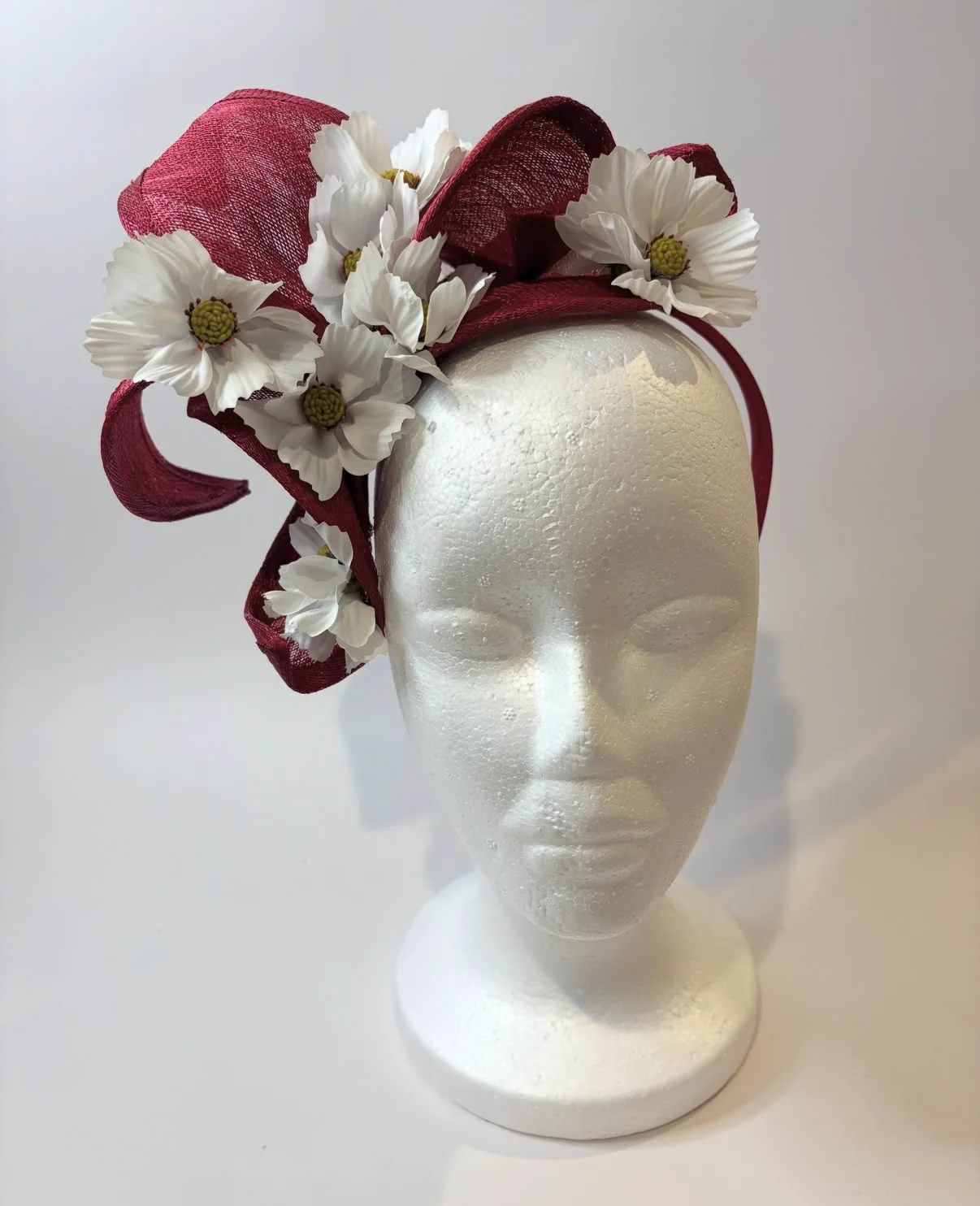 Burgundy Headband Fascinator Hat with White Cosmos — handmade in Louisville, KY