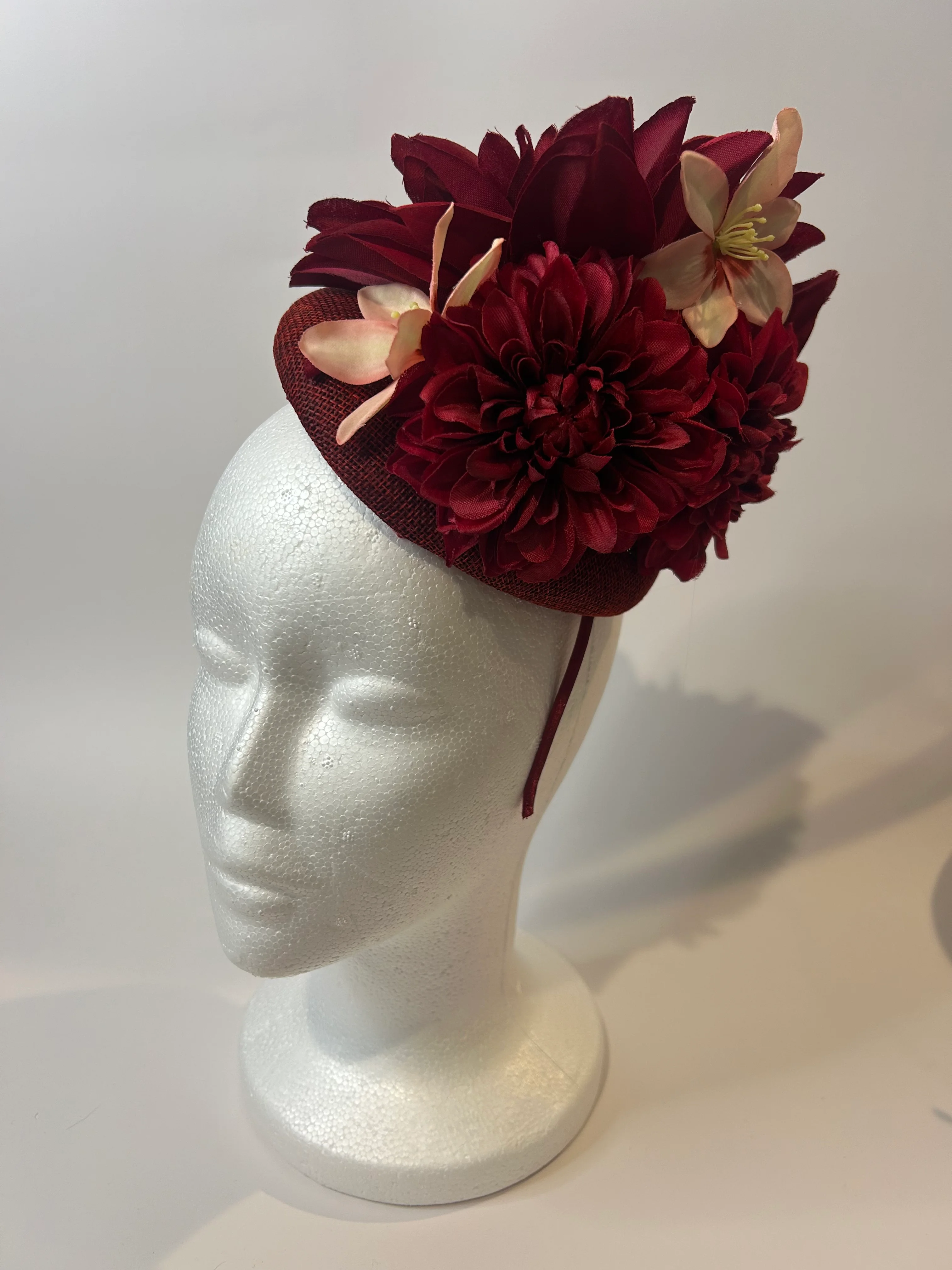 Burgundy Pillbox Fascinator Hat with Dahlia and Orchid 