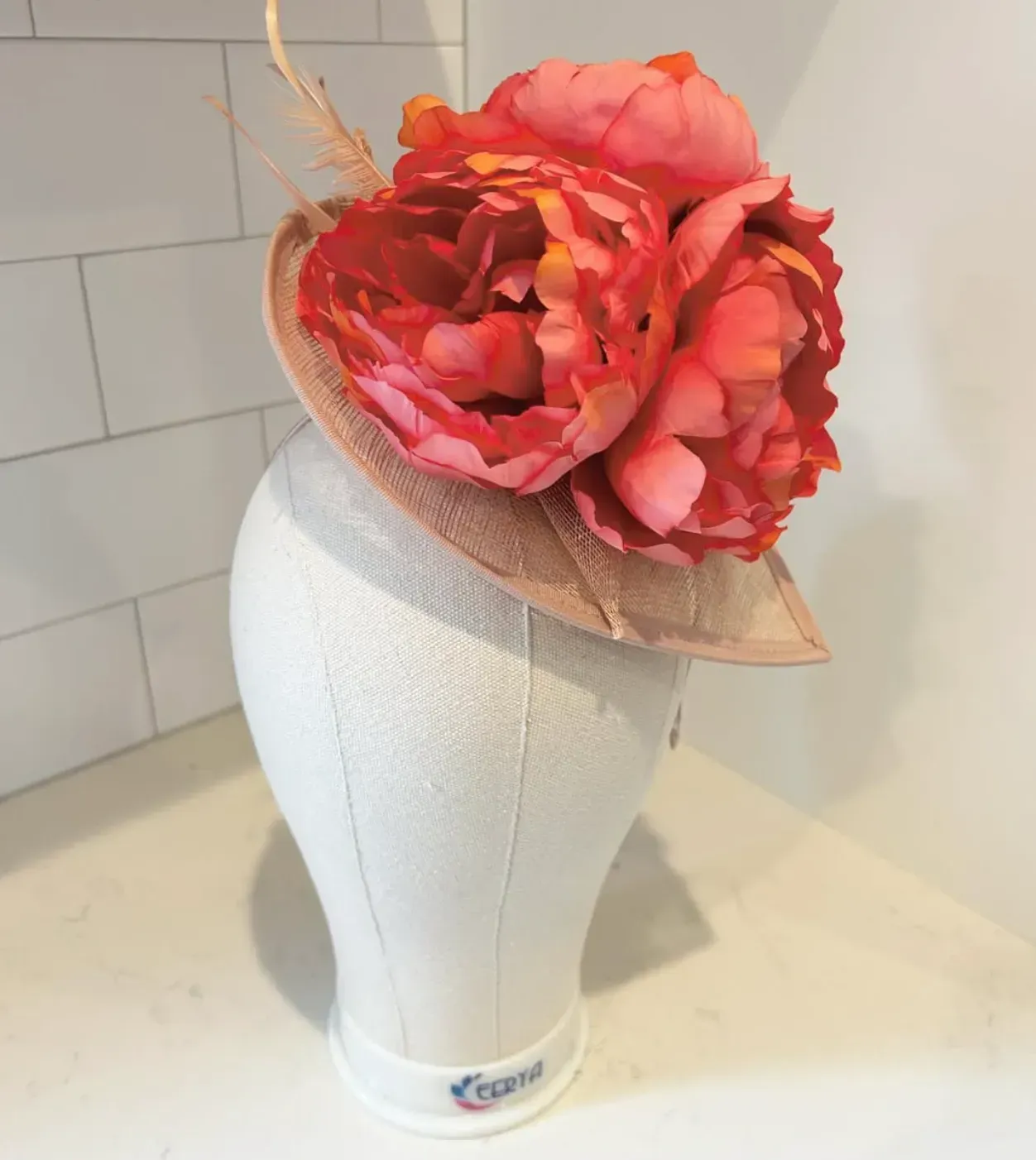 Champagne Teardrop Fascinator Hat with Coral Peony — handmade in Louisville, KY