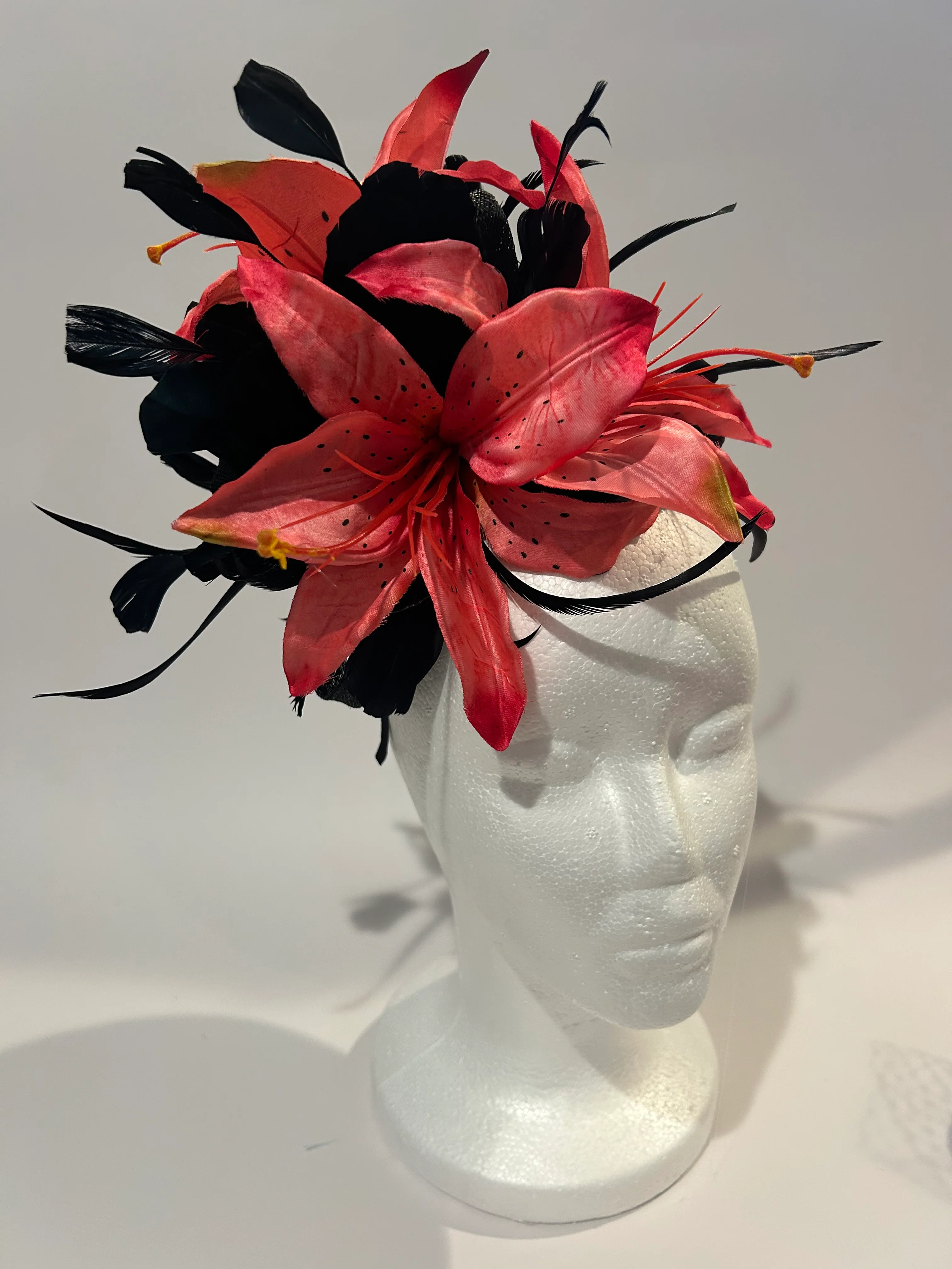 Coral Fascinator Headband with Lily and Black Feathers — handmade in Louisville, KY