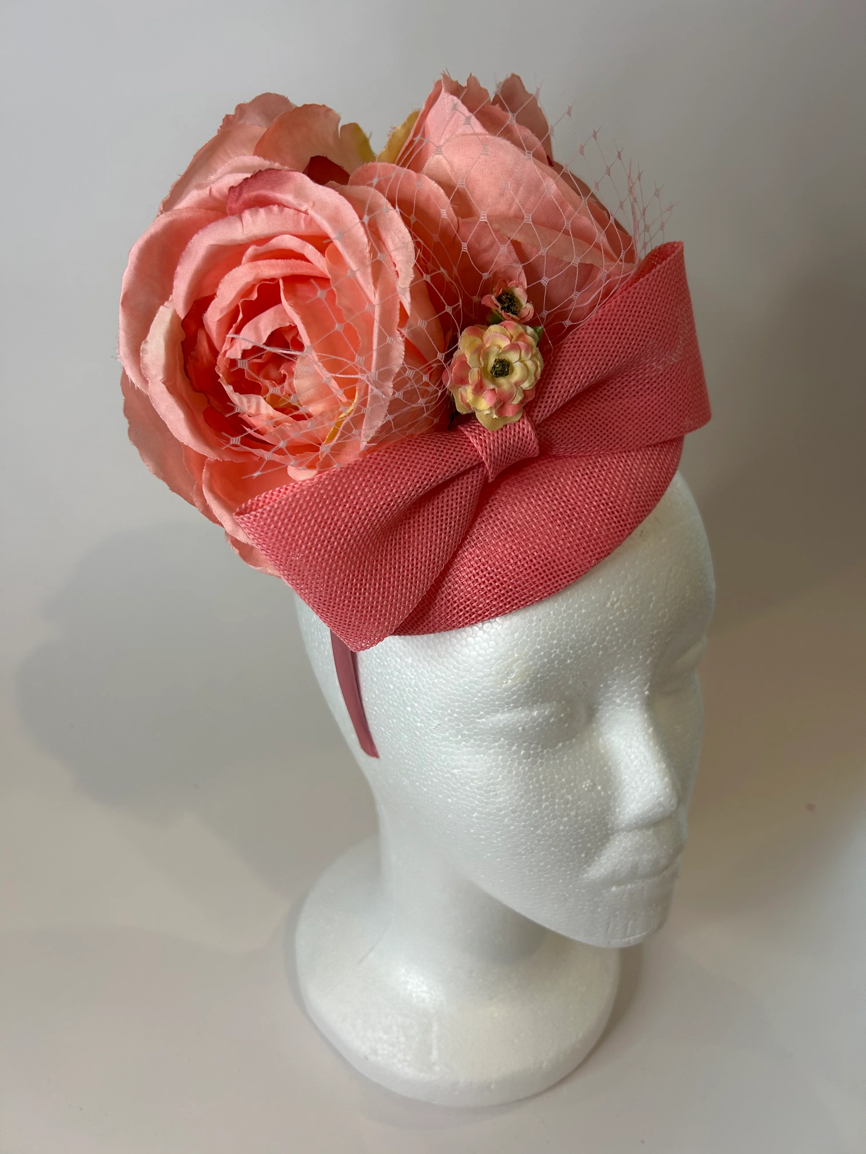 Coral Pillbox Fascinator Hat with Roses and Netting — handmade in Louisville, KY