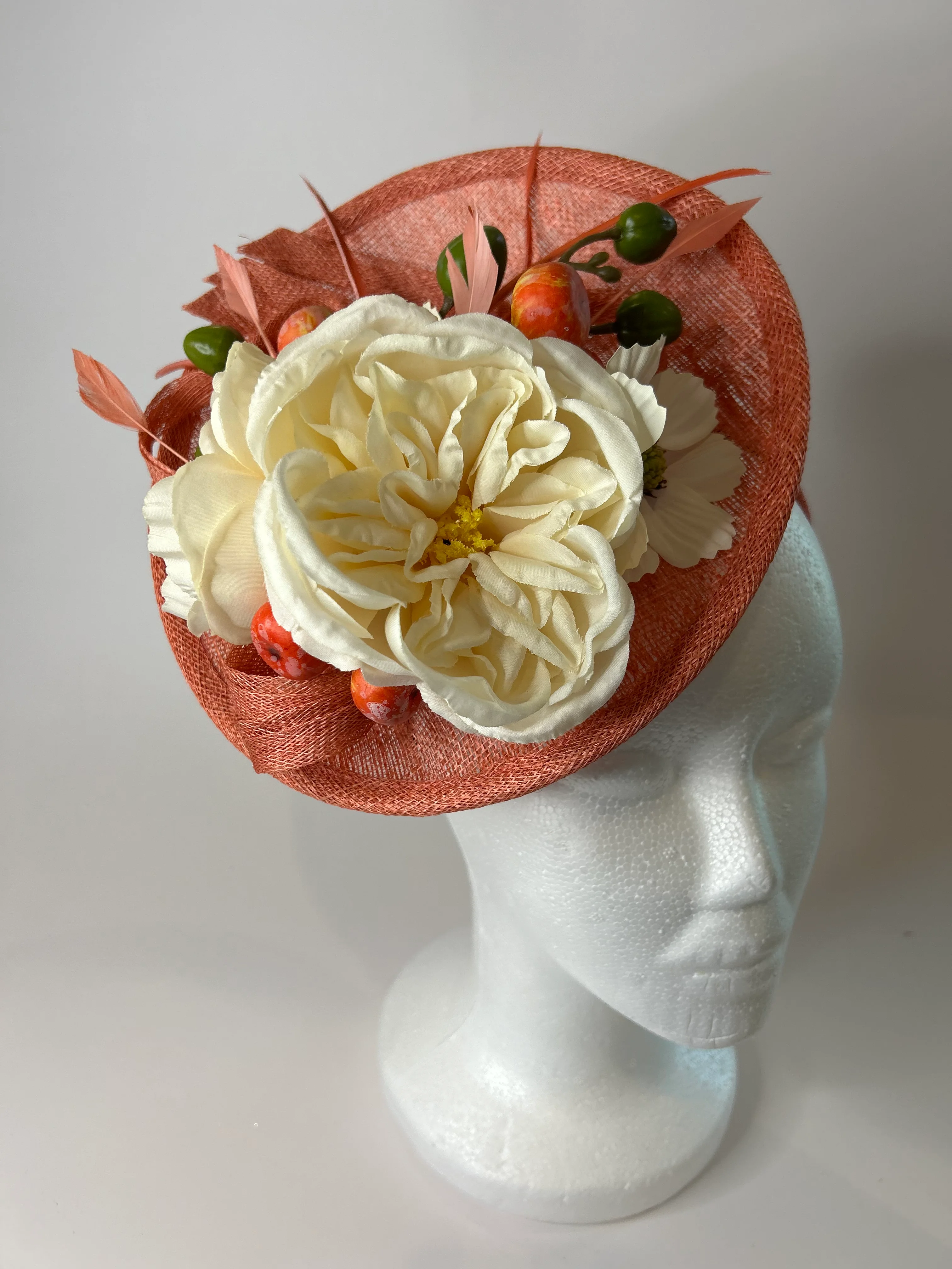 Coral Saucer Fascinator Hat with Ivory Peony and Berries — handmade in Louisville, KY