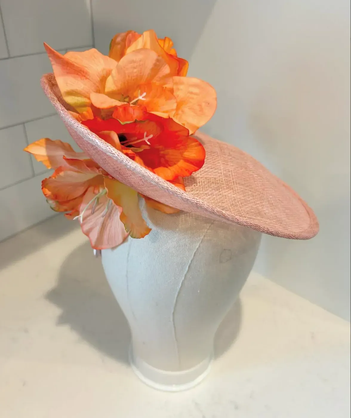 Coral Saucer Fascinator Hat with Orange Orchid — handmade in Louisville, KY