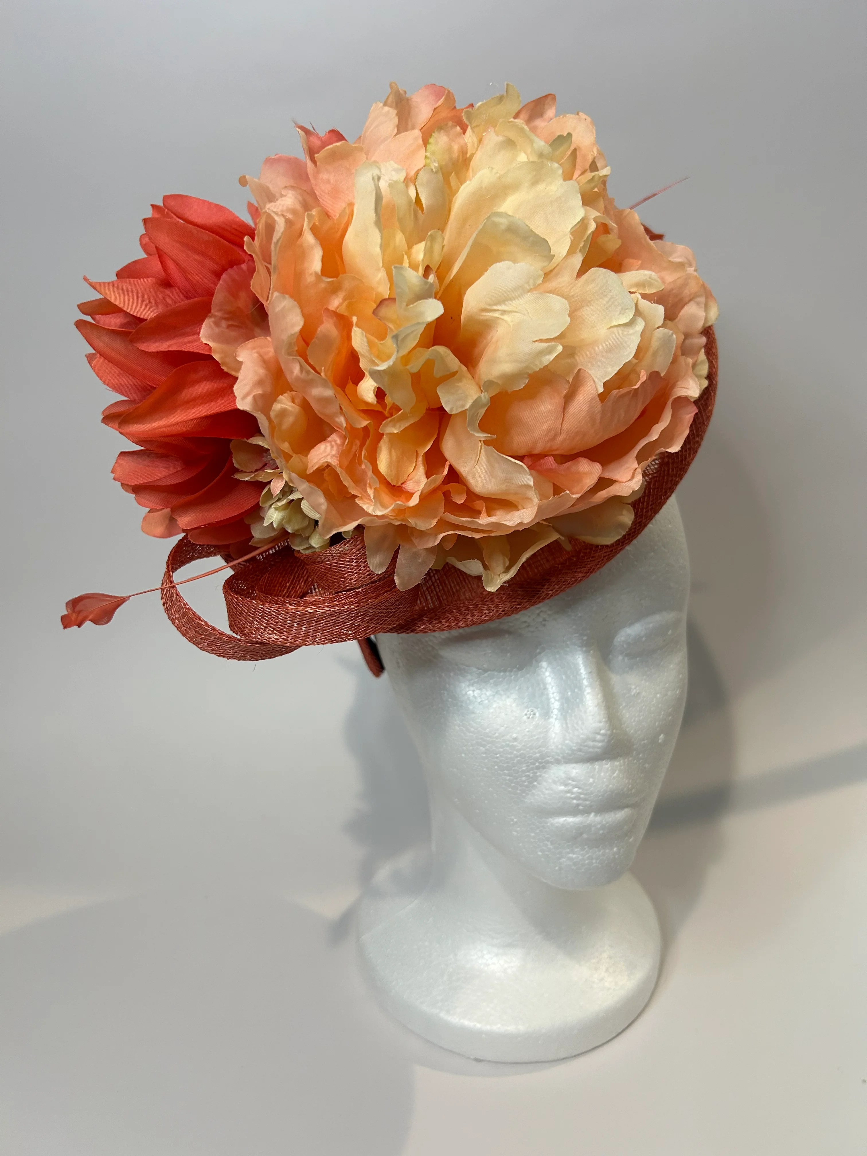 Coral Saucer Fascinator Hat with Peony and Quill — handmade in Louisville, KY