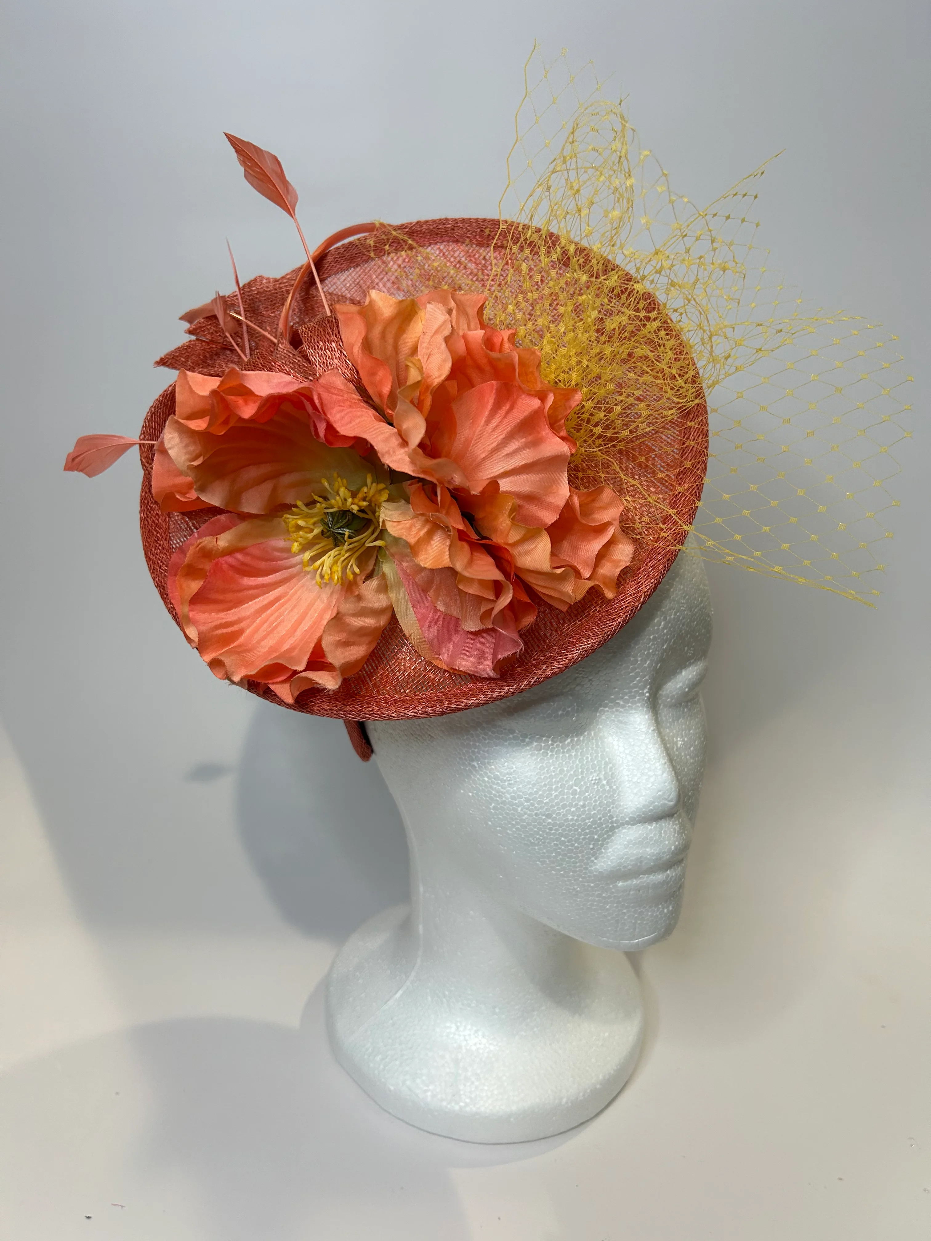 Coral Saucer Fascinator Hat with Poppy Flowers and Netting — handmade in Louisville, KY