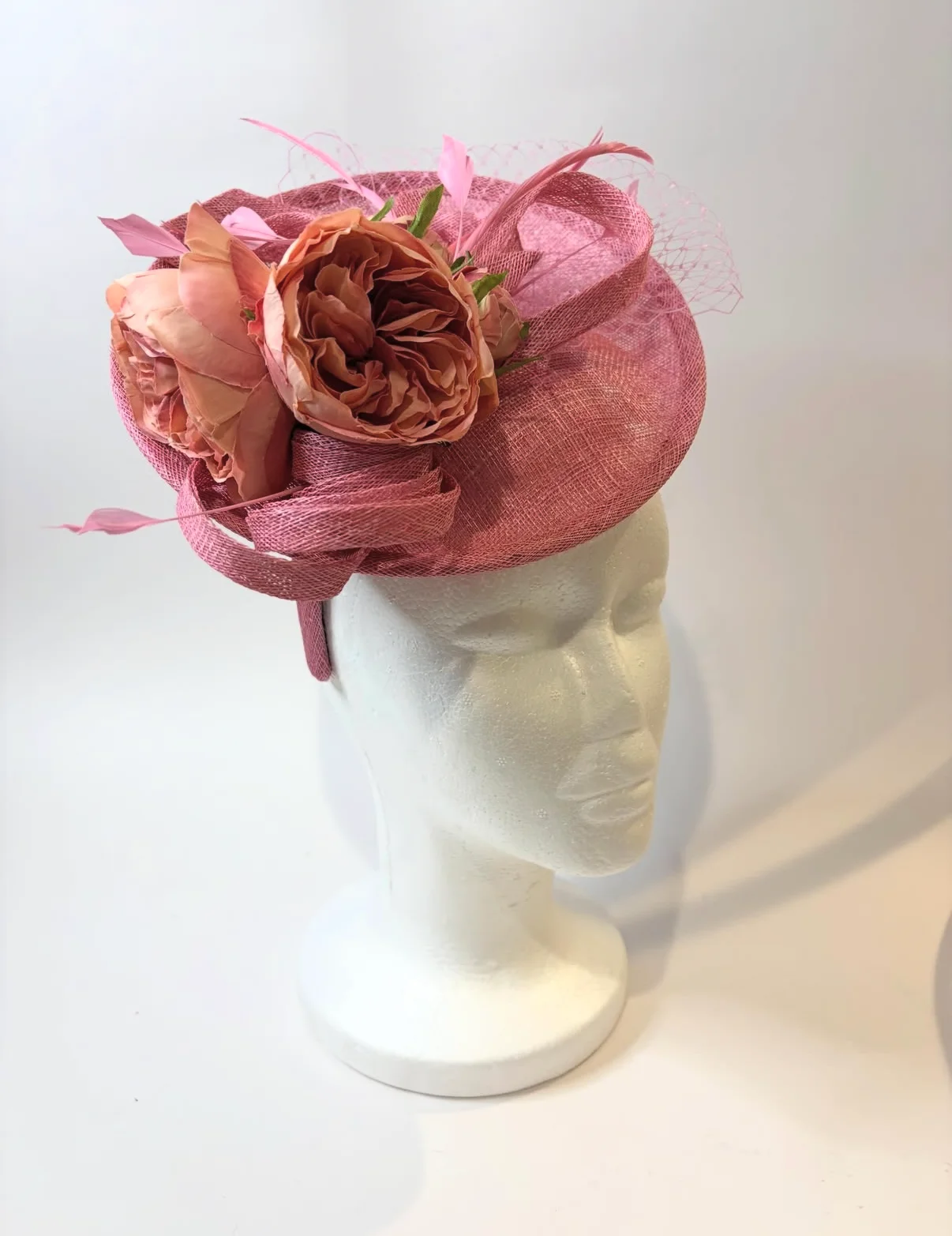 Dusty Rose Saucer Fascinator Hat with Coral Roses and Feathers — handmade in Louisville, KY