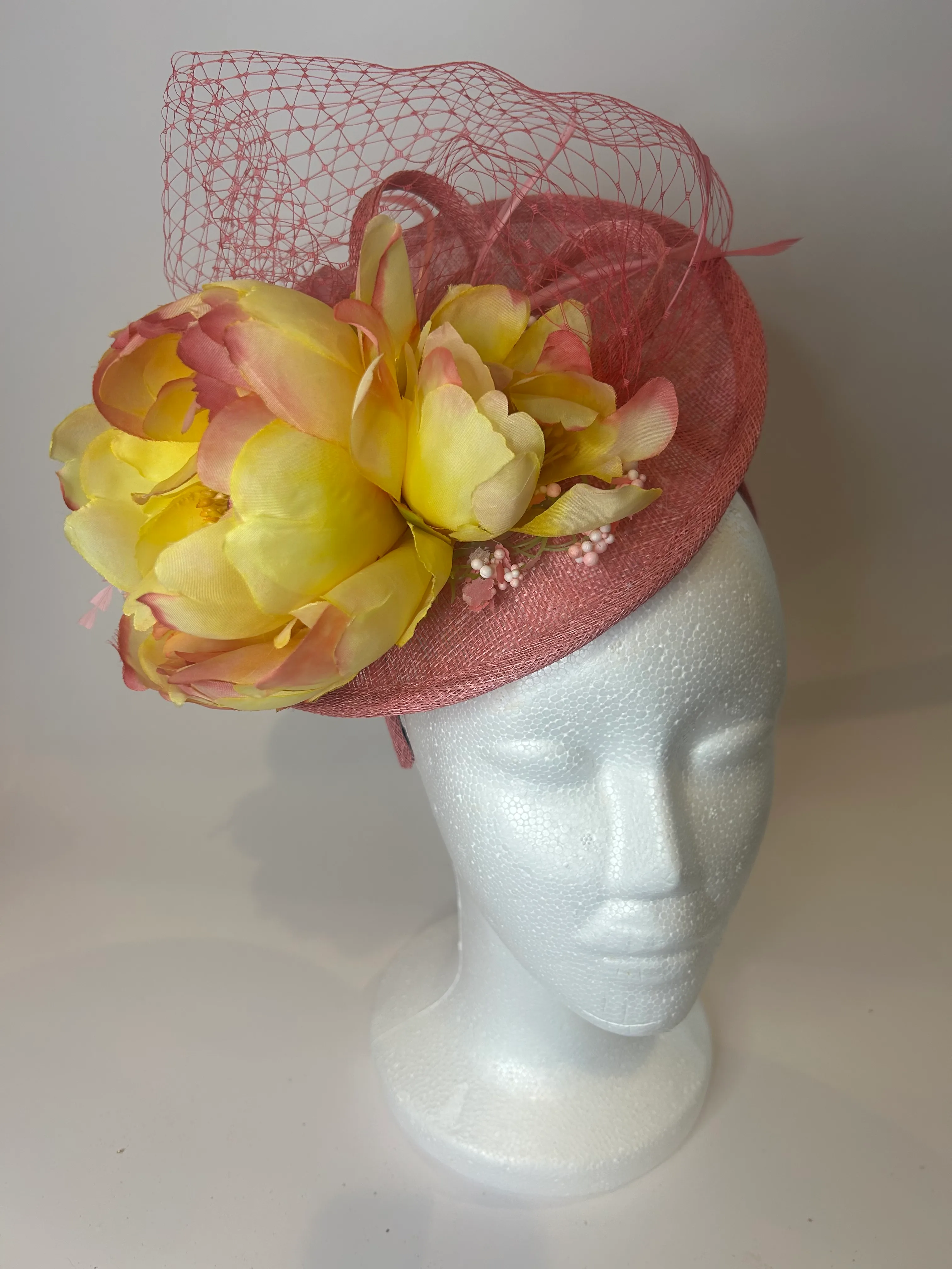 Dusty Rose Saucer Fascinator Hat with Yellow Peony and Netting — handmade in Louisville, KY