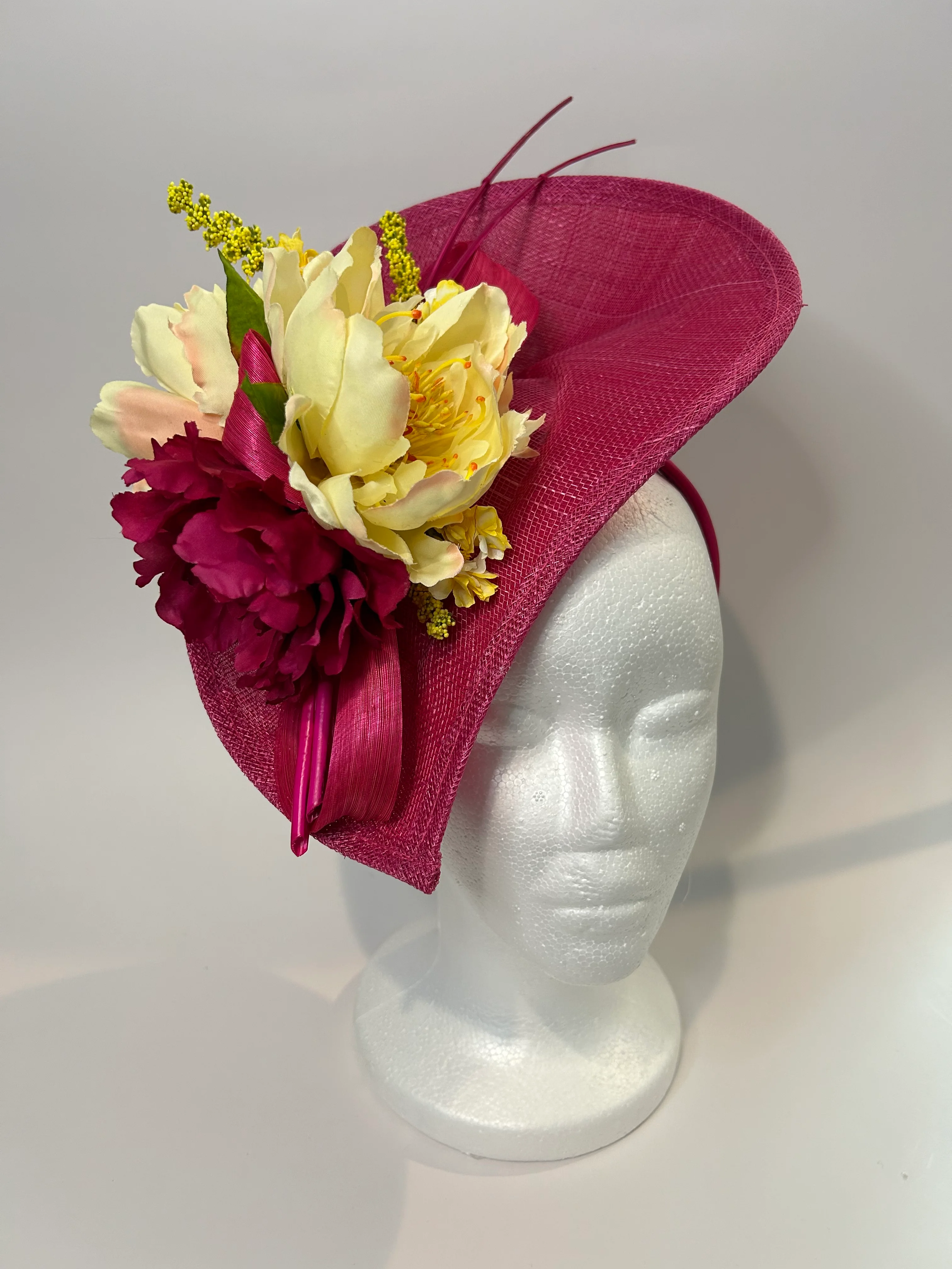 Fuchsia Large Derby Hat with Yellow Peony and Quill — handmade in Louisville, KY