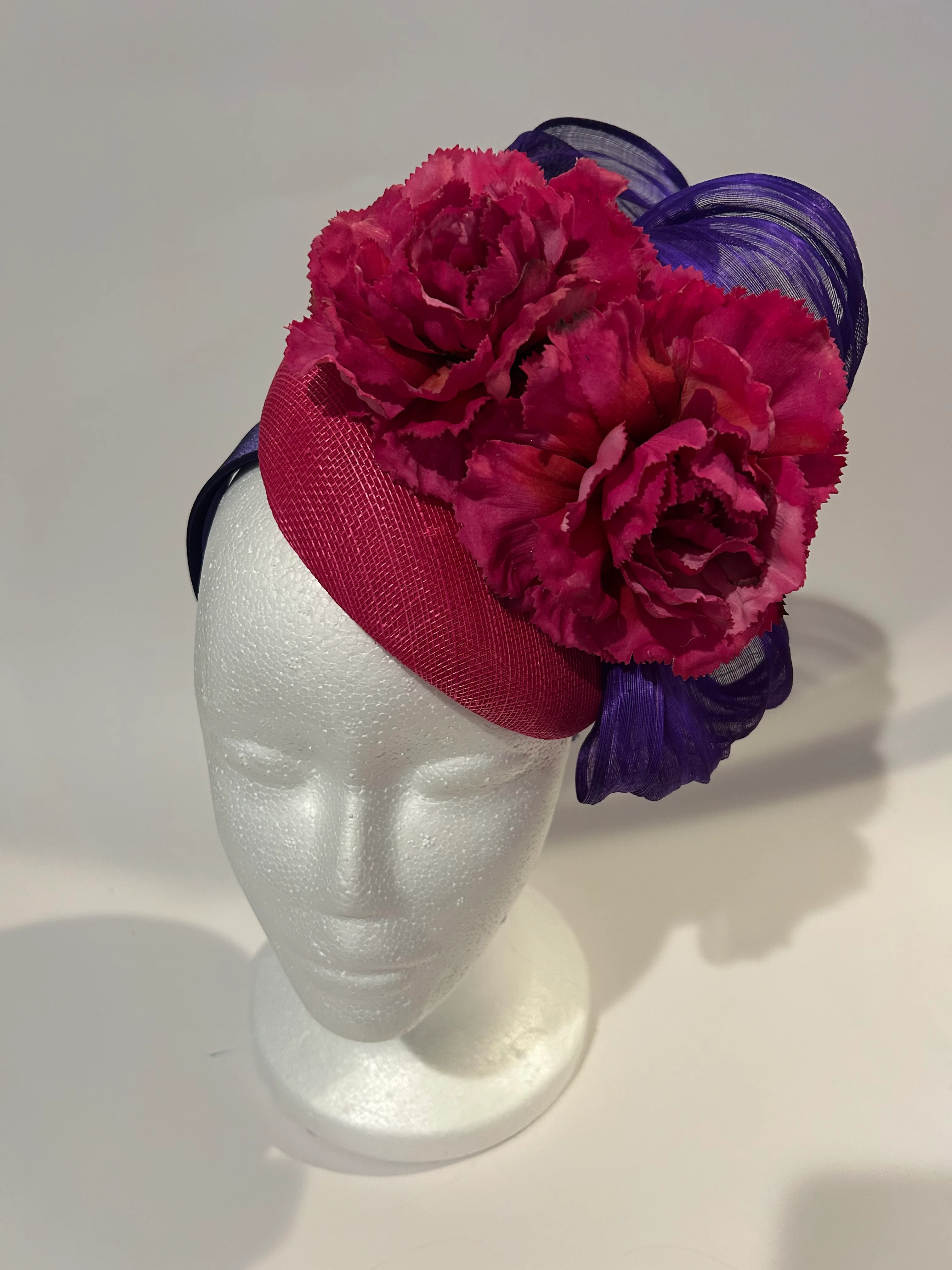 Fuchsia Pillbox Fascinator Hat with Carnations and Purple Curls — handmade in Louisville, KY