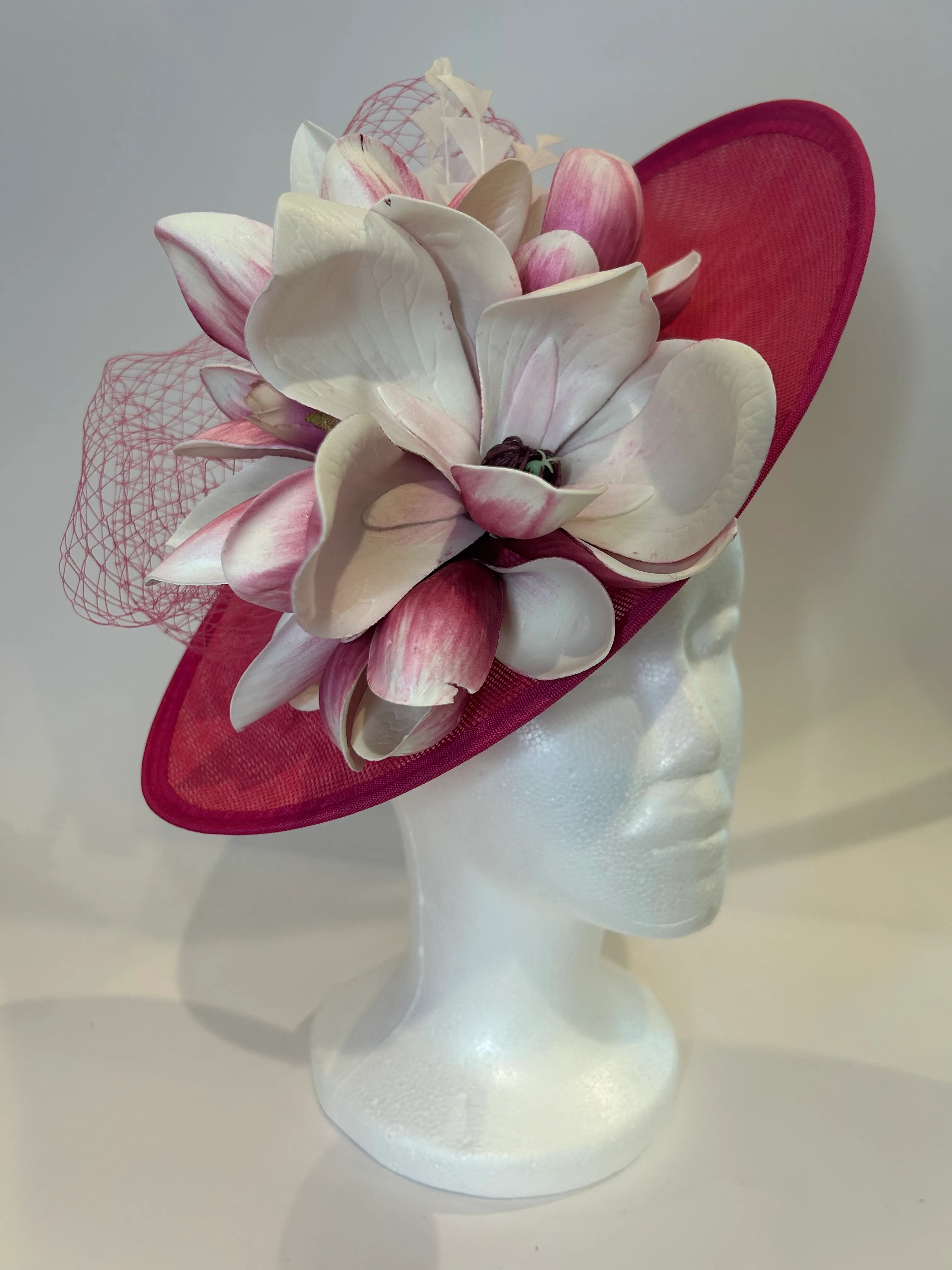 Fuchsia Saucer Fascinator Hat with Magnolias and Netting — handmade in Louisville, KY