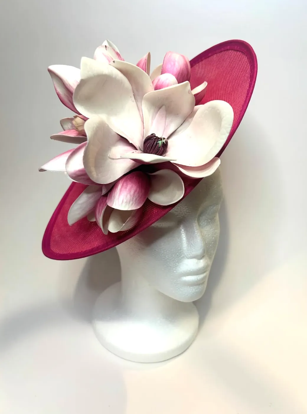 Fuchsia Saucer Fascinator Hat with White Magnolia — handmade in Louisville, KY