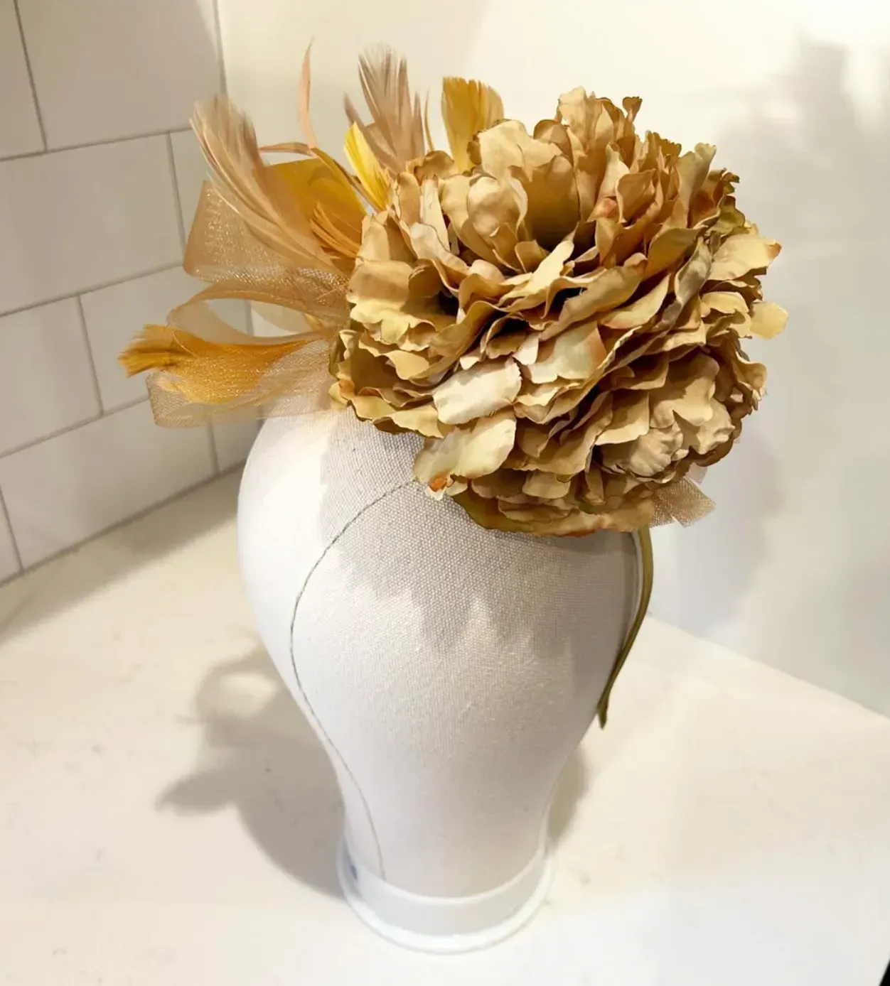Gold Fascinator Headband with Peony and Sinamay Bow — handmade in Louisville, KY