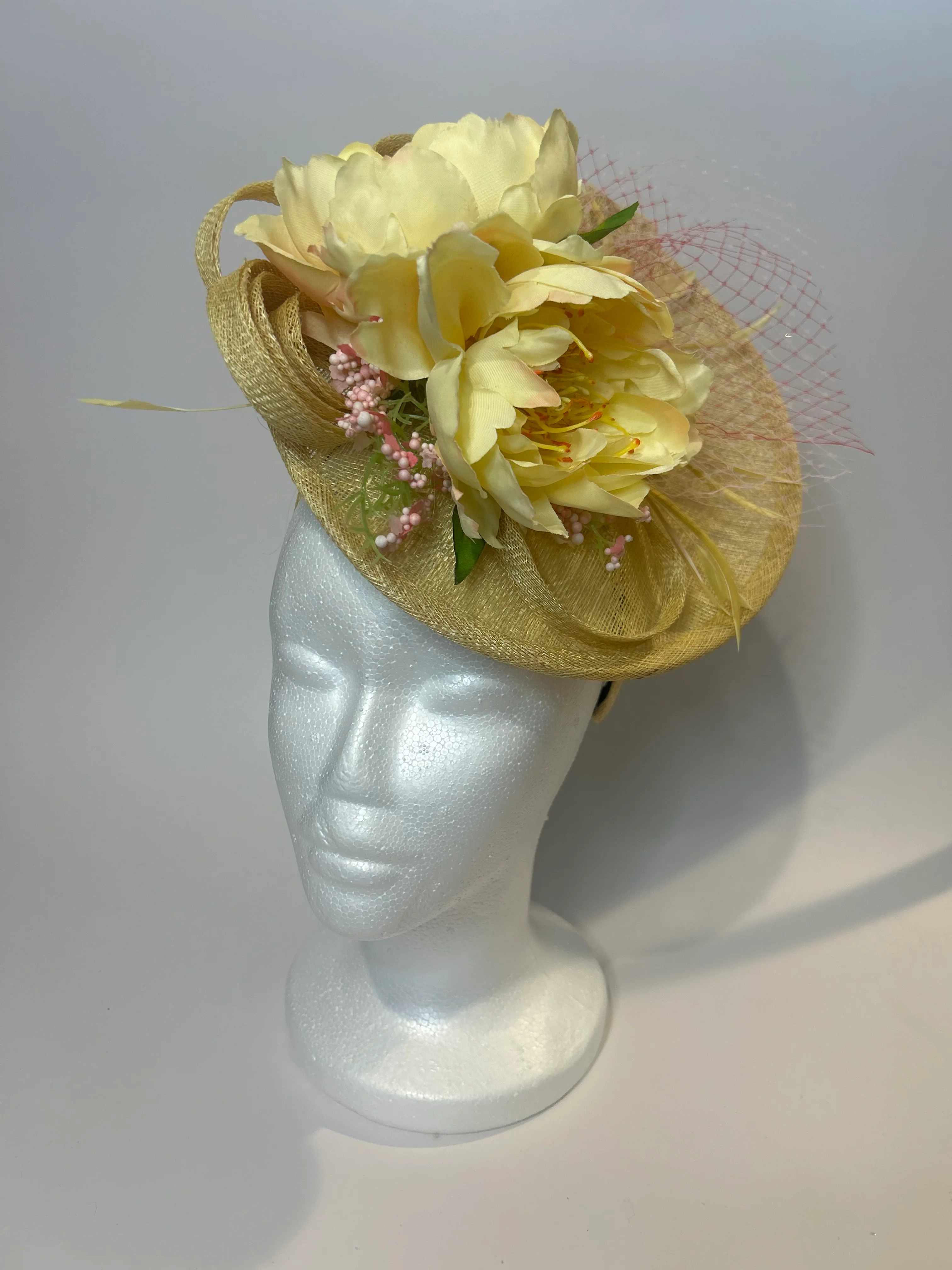 Yellow Saucer Derby Hat with Ivory Peony and Pink Netting — handmade in Louisville, KY