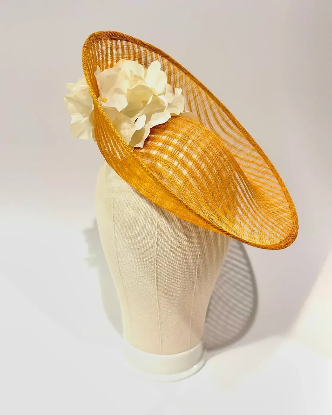 Gold Saucer Fascinator Hat with Ivory Rose — handmade in Louisville, KY
