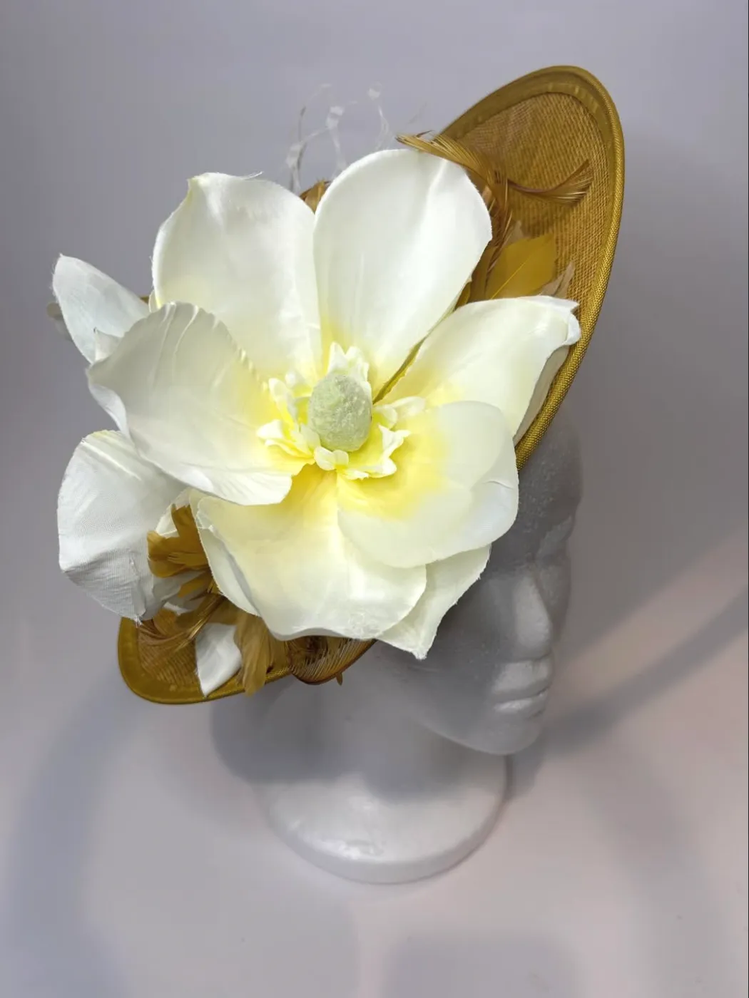 Gold Saucer Fascinator Hat with White Magnolia and Feathers — handmade in Louisville, KY