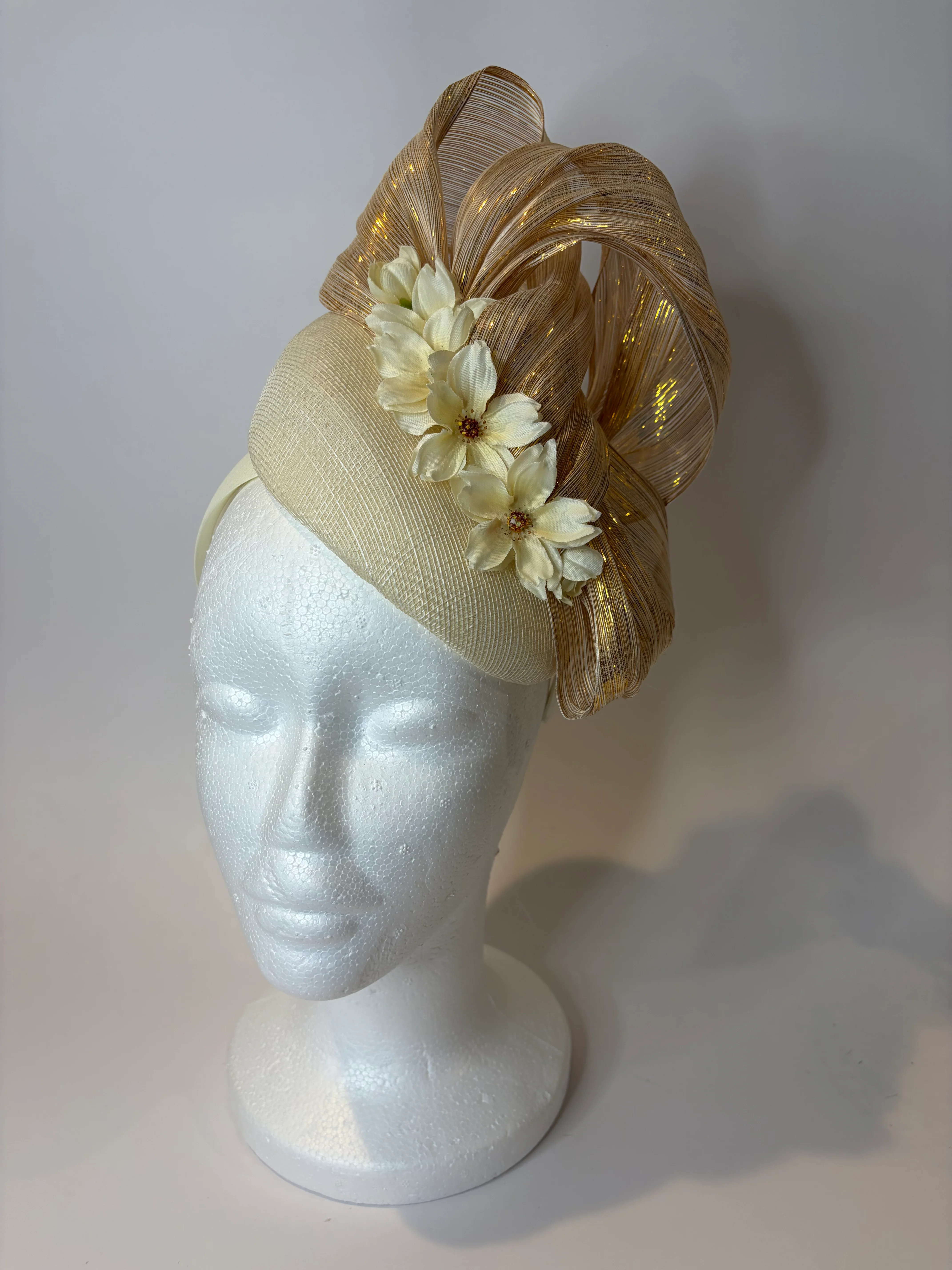 Gold Wedding Fascinator Hat with Silk Bow and Ivory Flowers — handmade in Louisville, KY