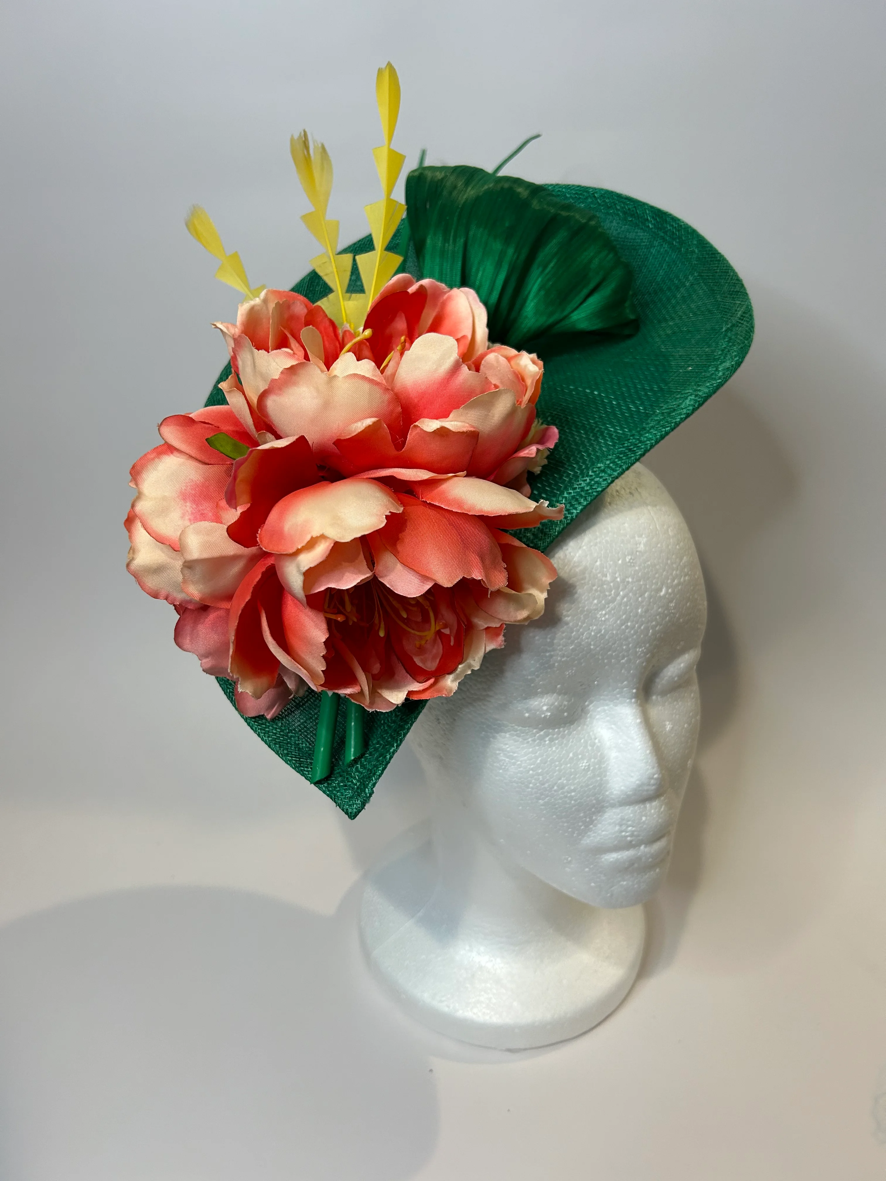 Green Large Derby Hat with Coral Peony and Yellow Feathers — handmade in Louisville, KY