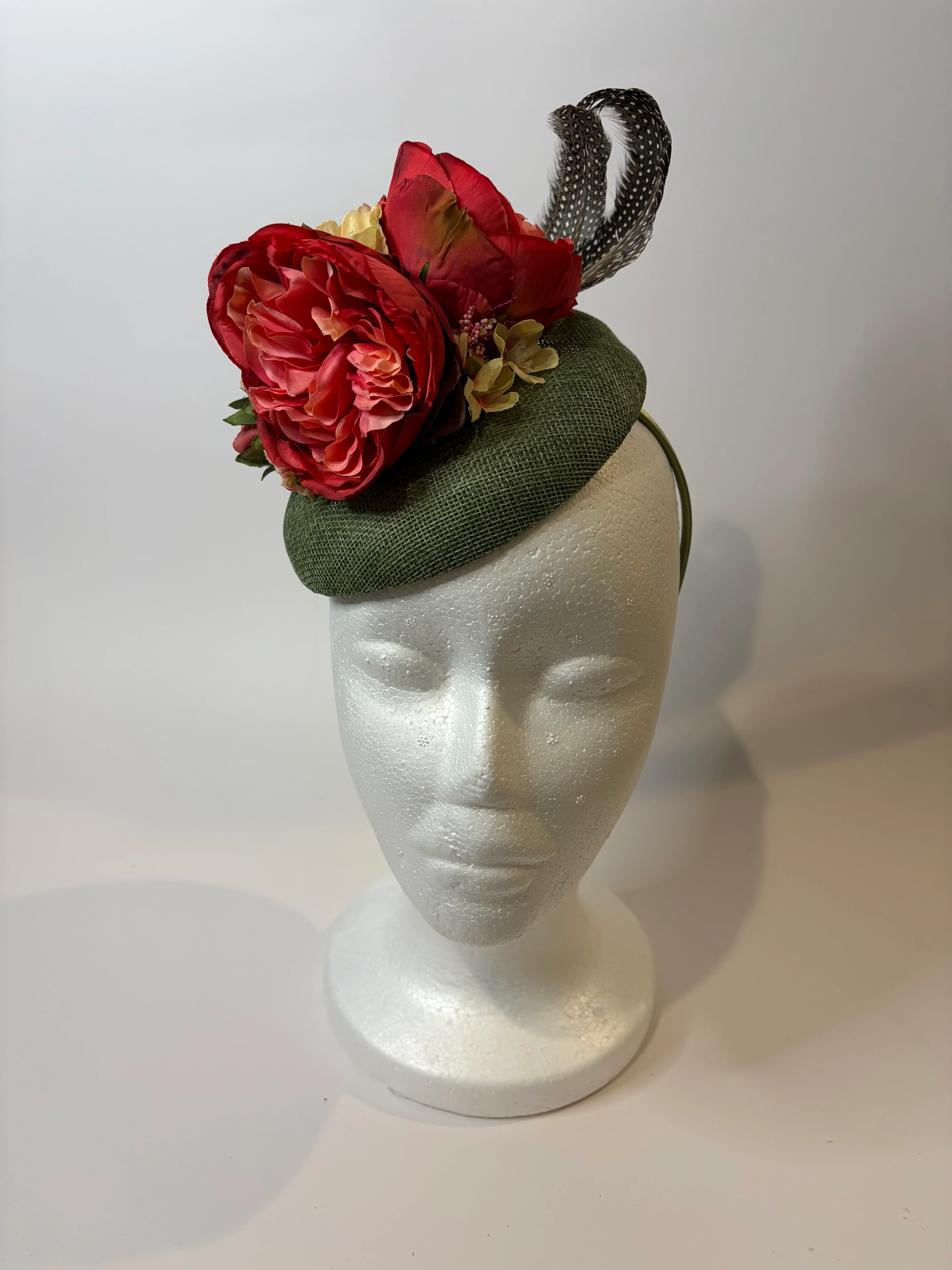 Green Pillbox Fascinator Hat with Coral Peonies and Feather — handmade in Louisville, KY