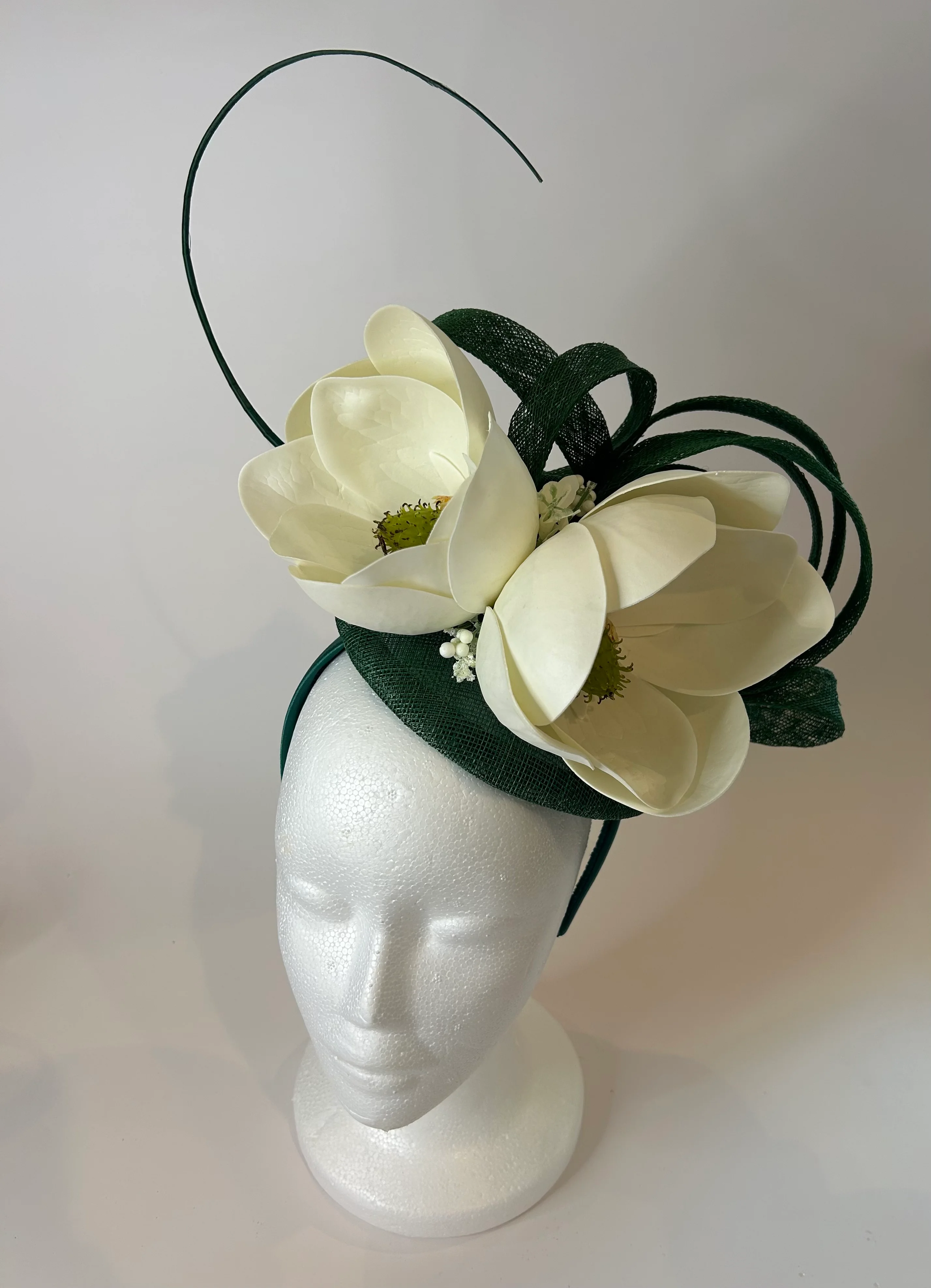 Green Pillbox Fascinator Hat with Ivory Magnolia and Quill — handmade in Louisville, KY
