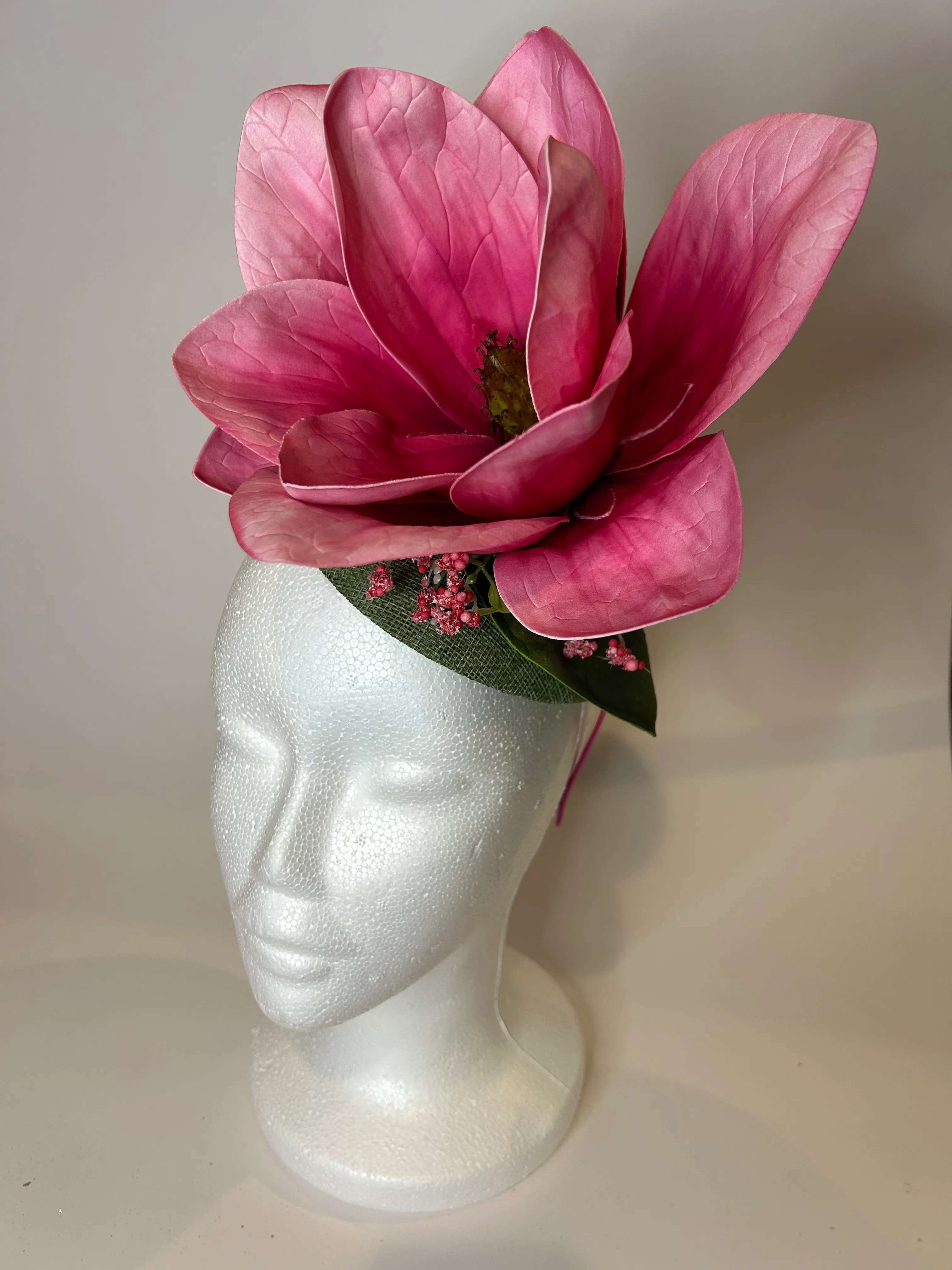 Green Pillbox Fascinator Hat with Pink Magnolia and Berries — handmade in Louisville, KY