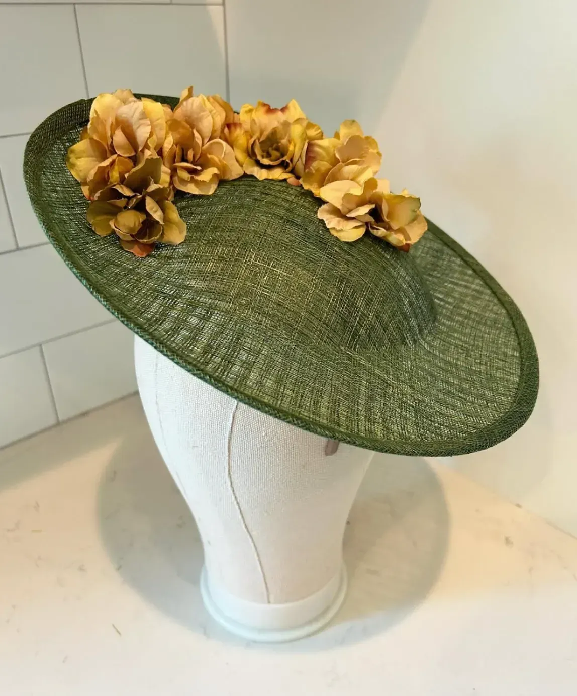 Green Saucer Fascinator Hat with Gold Roses — handmade in Louisville, KY