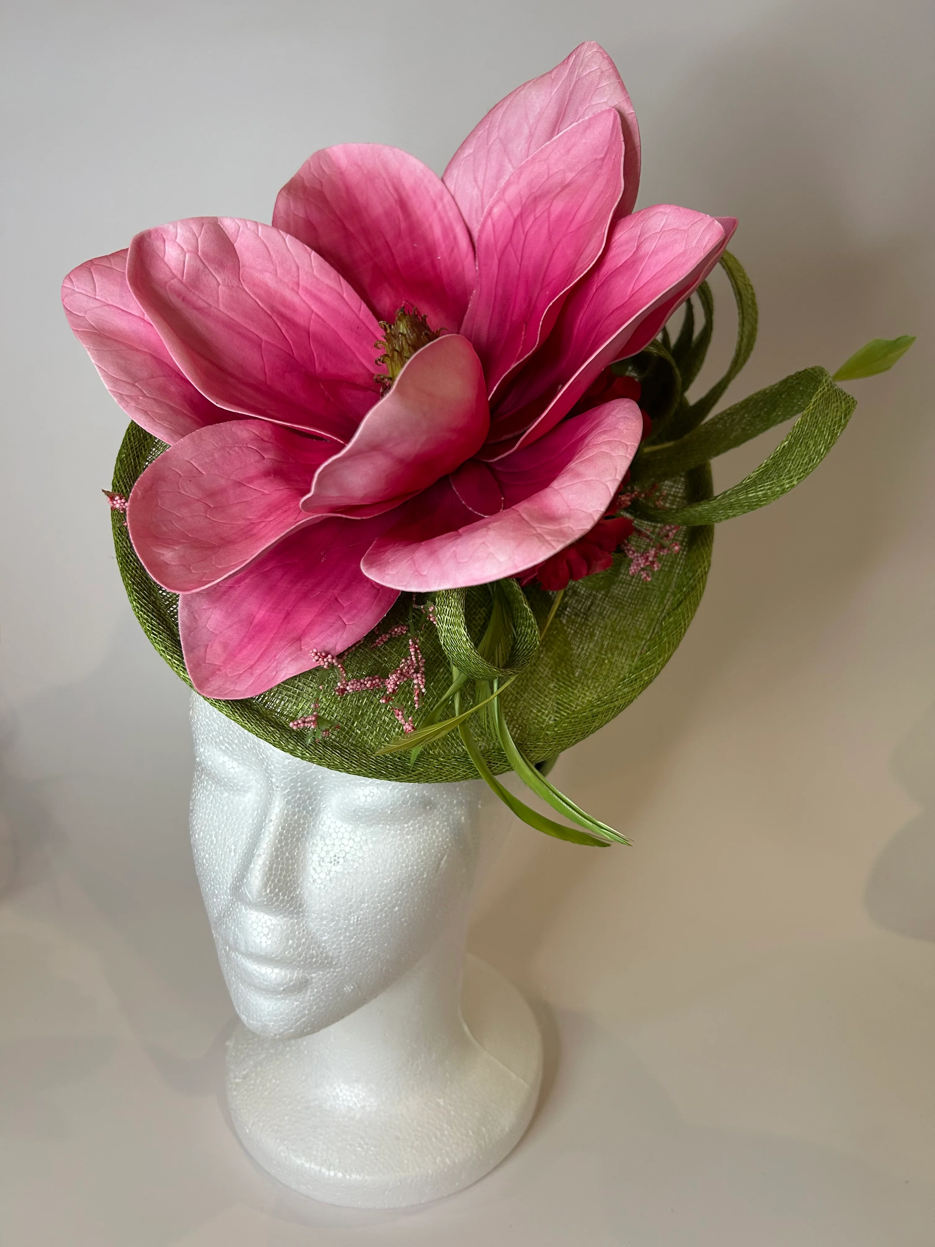 Green Saucer Fascinator Hat with Pink Magnolia and Loops — handmade in Louisville, KY