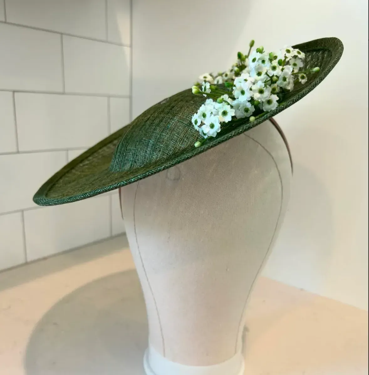 Green Saucer Fascinator Hat with White Cherry Blossoms — handmade in Louisville, KY