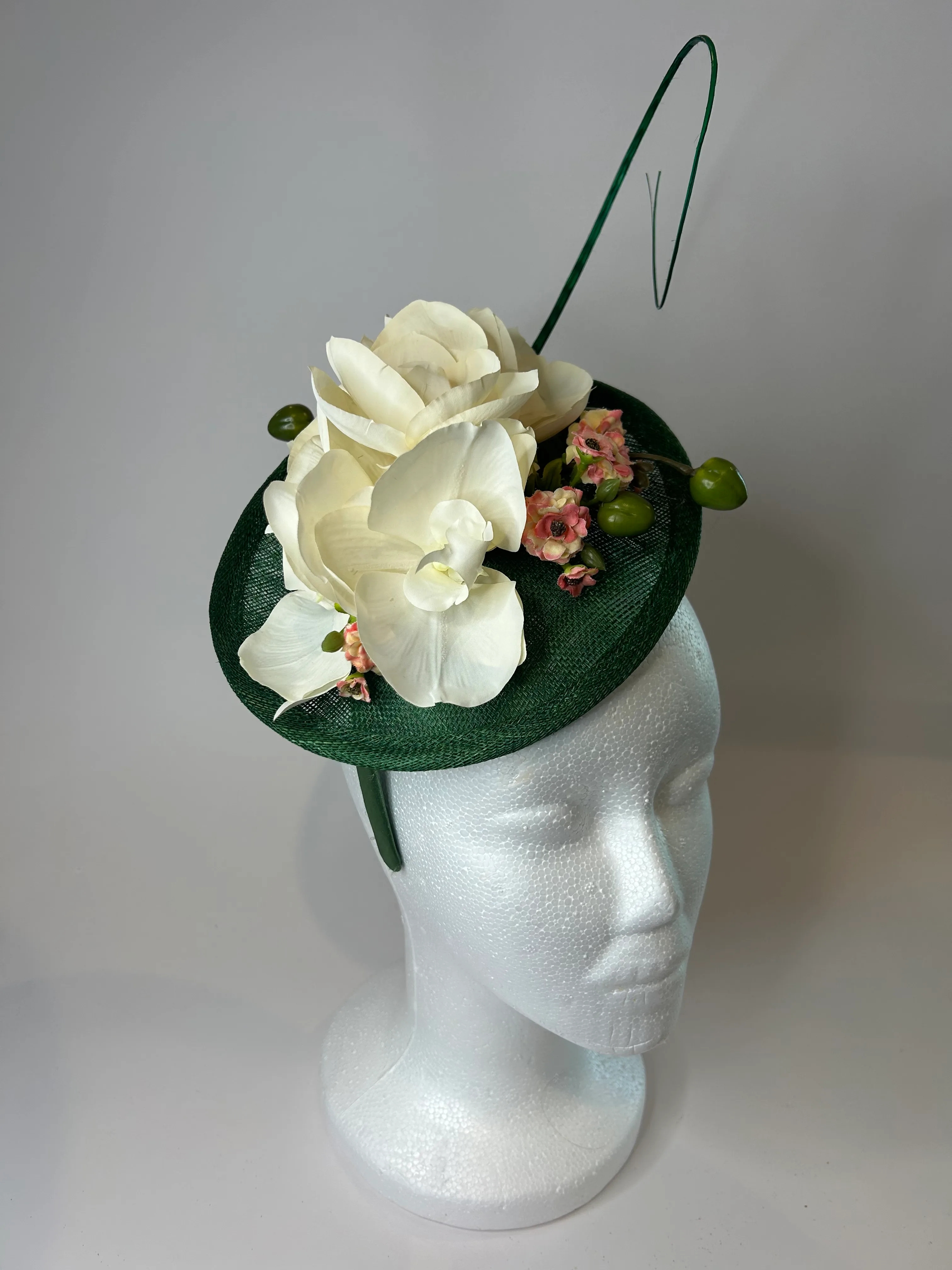 Green Saucer Fascinator Hat with White Orchid and Quill — handmade in Louisville, KY