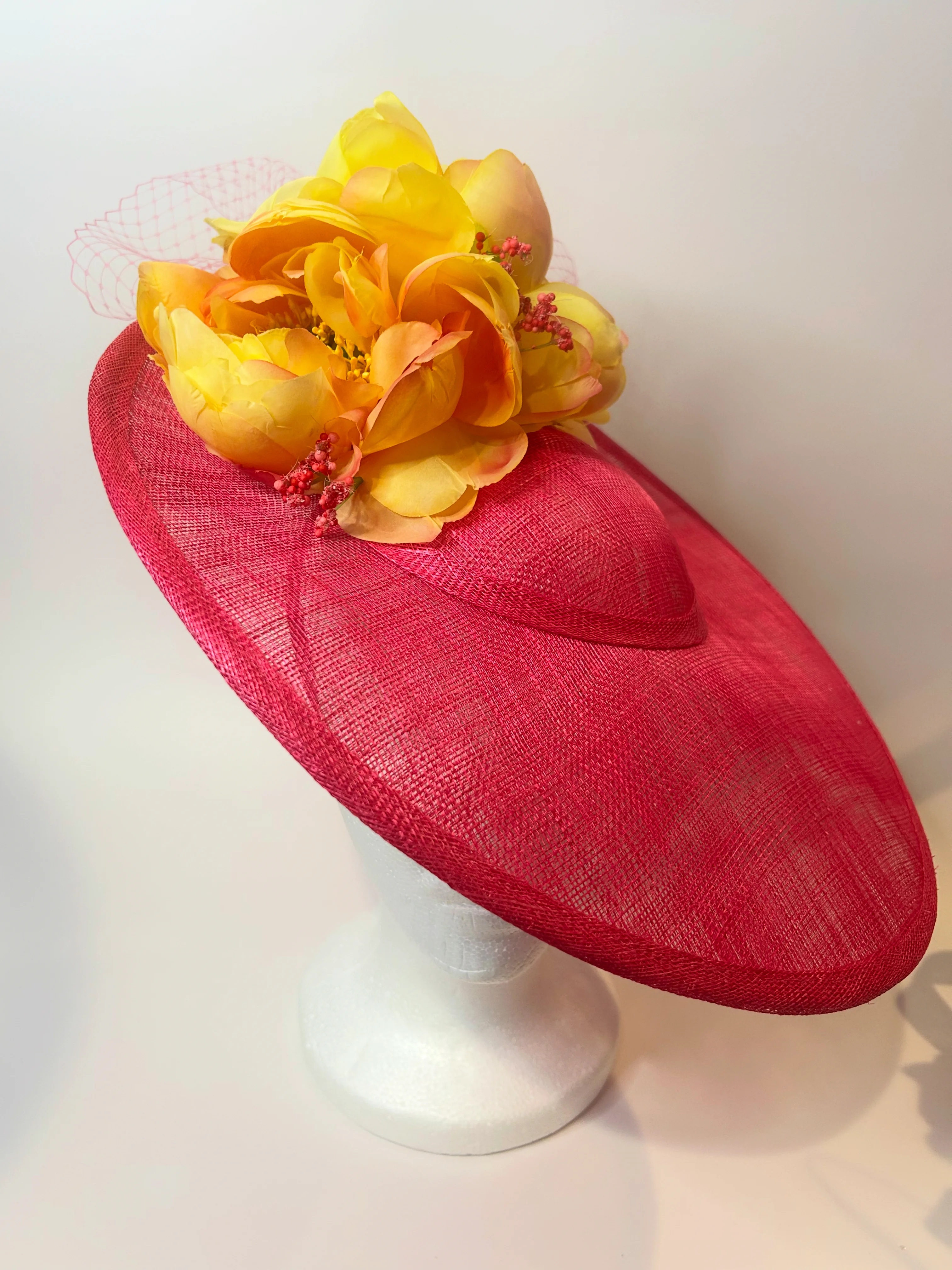 Hot Pink Saucer Fascinator Hat with Yellow Peony and Netting — handmade in Louisville, KY
