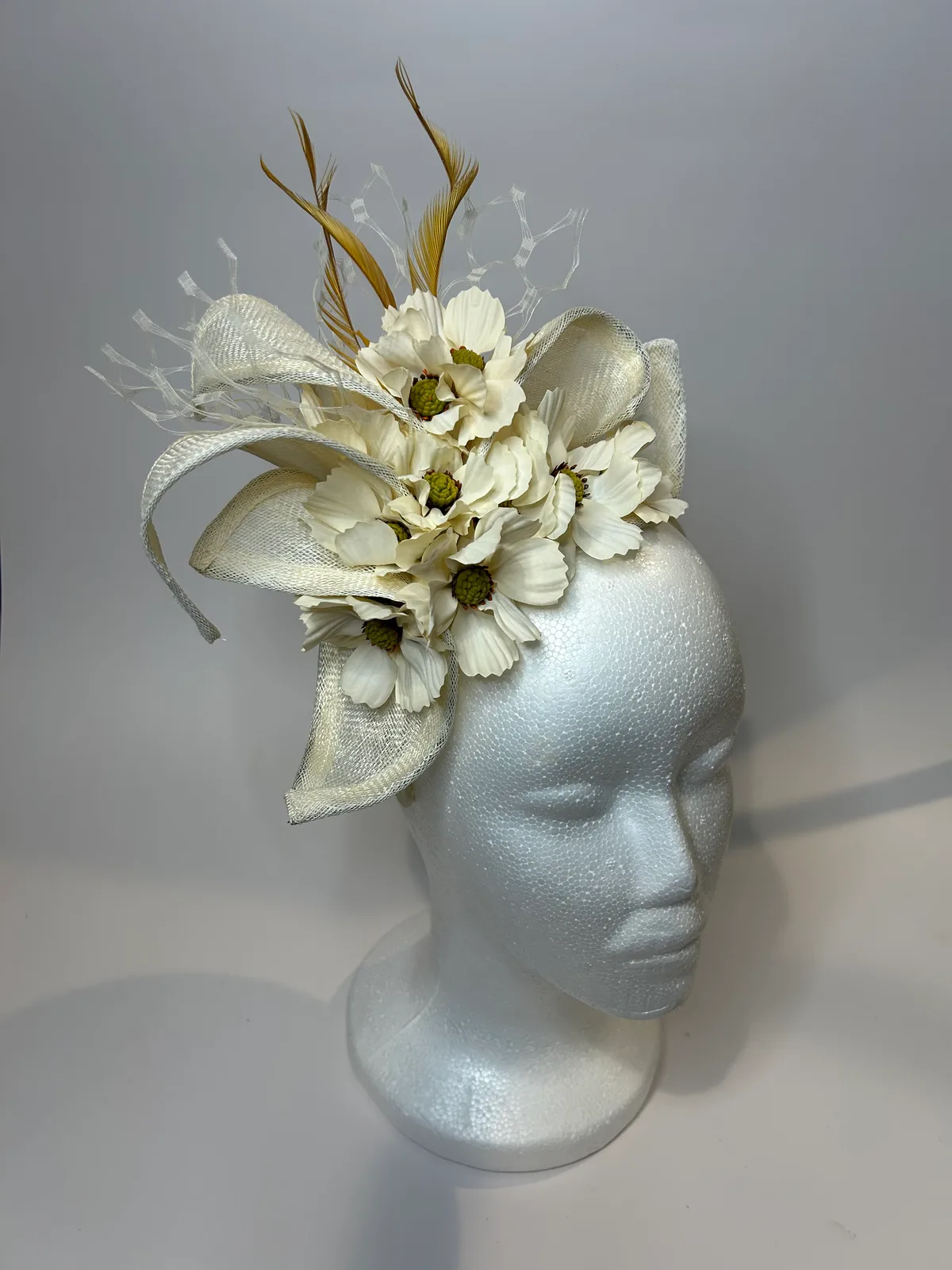 Ivory Fascinator Headband with Cosmos Flowers and Feathers — handmade in Louisville, KY