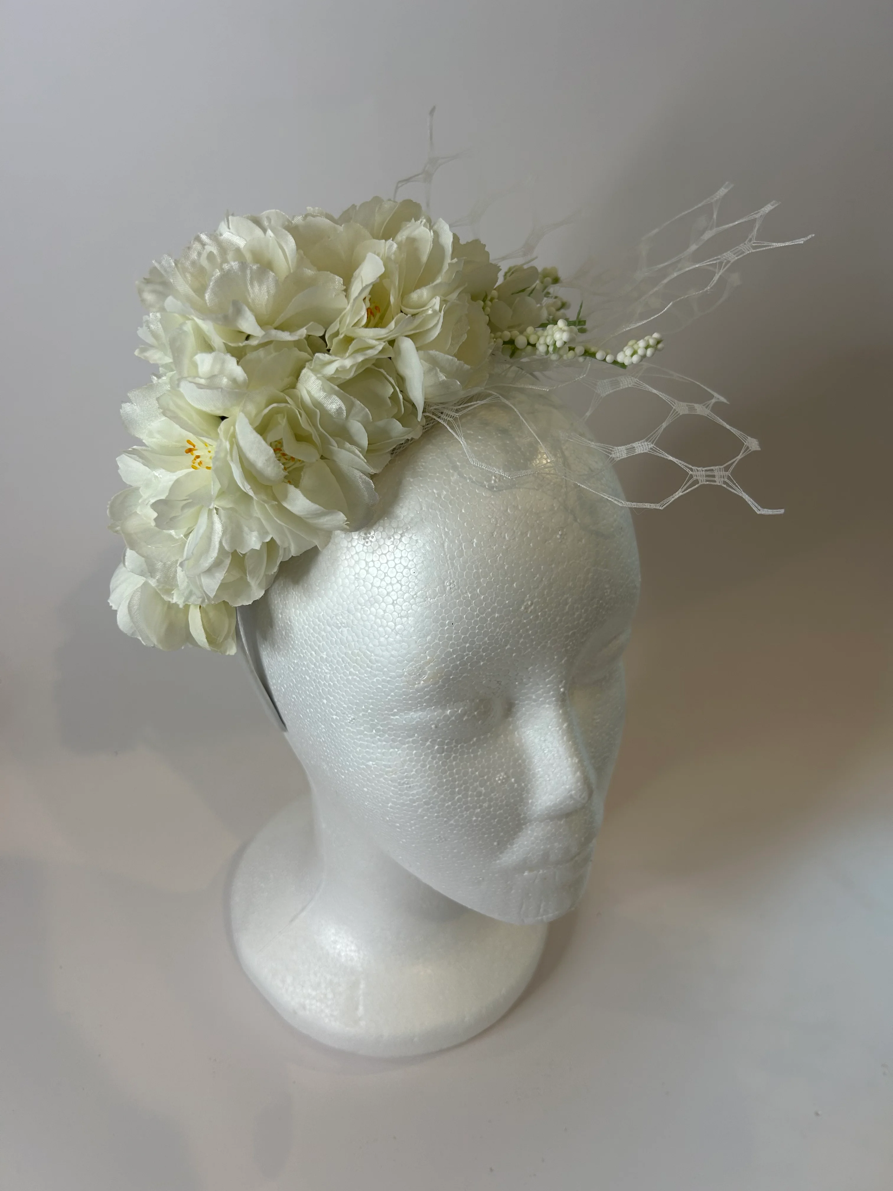 Ivory Fascinator Headband with Peony Cluster and Netting — handmade in Louisville, KY
