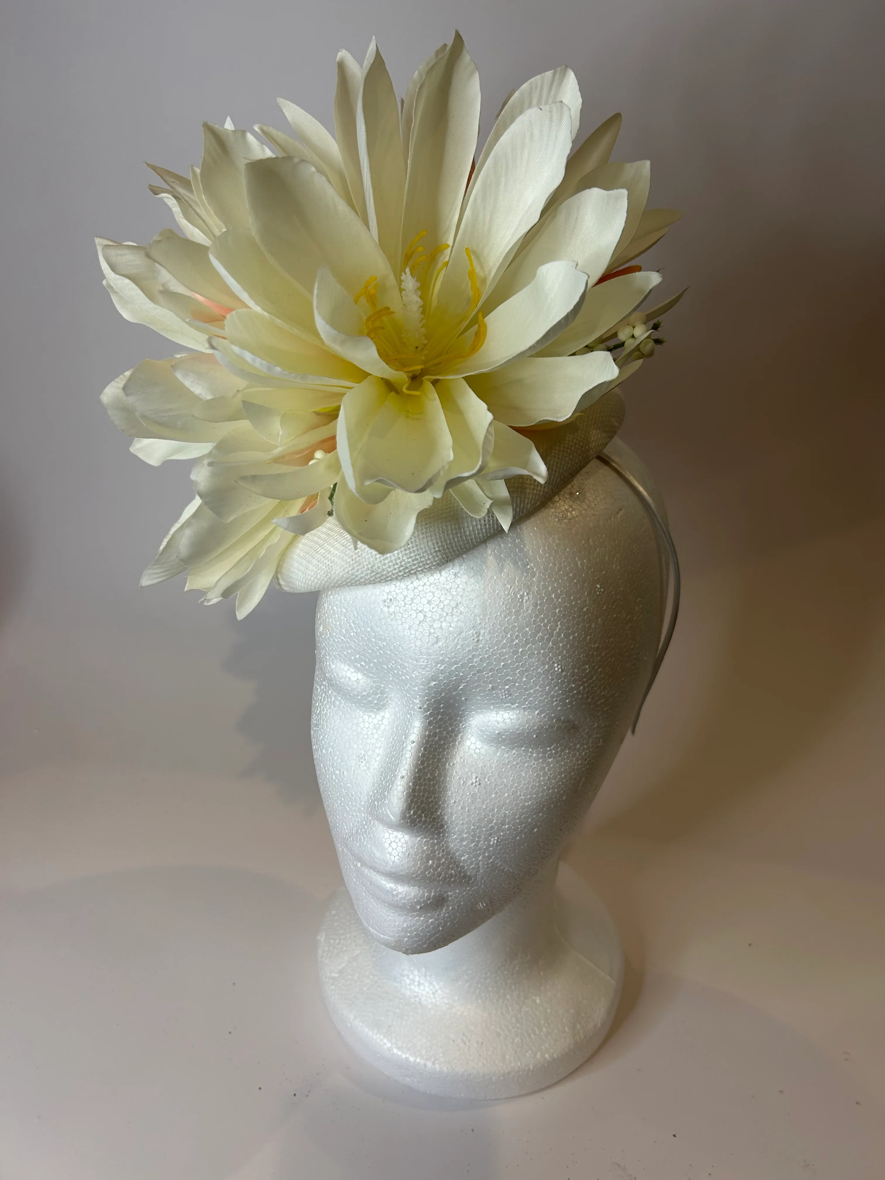 Ivory Pillbox Fascinator Hat with Lotus Flower — handmade in Louisville, KY