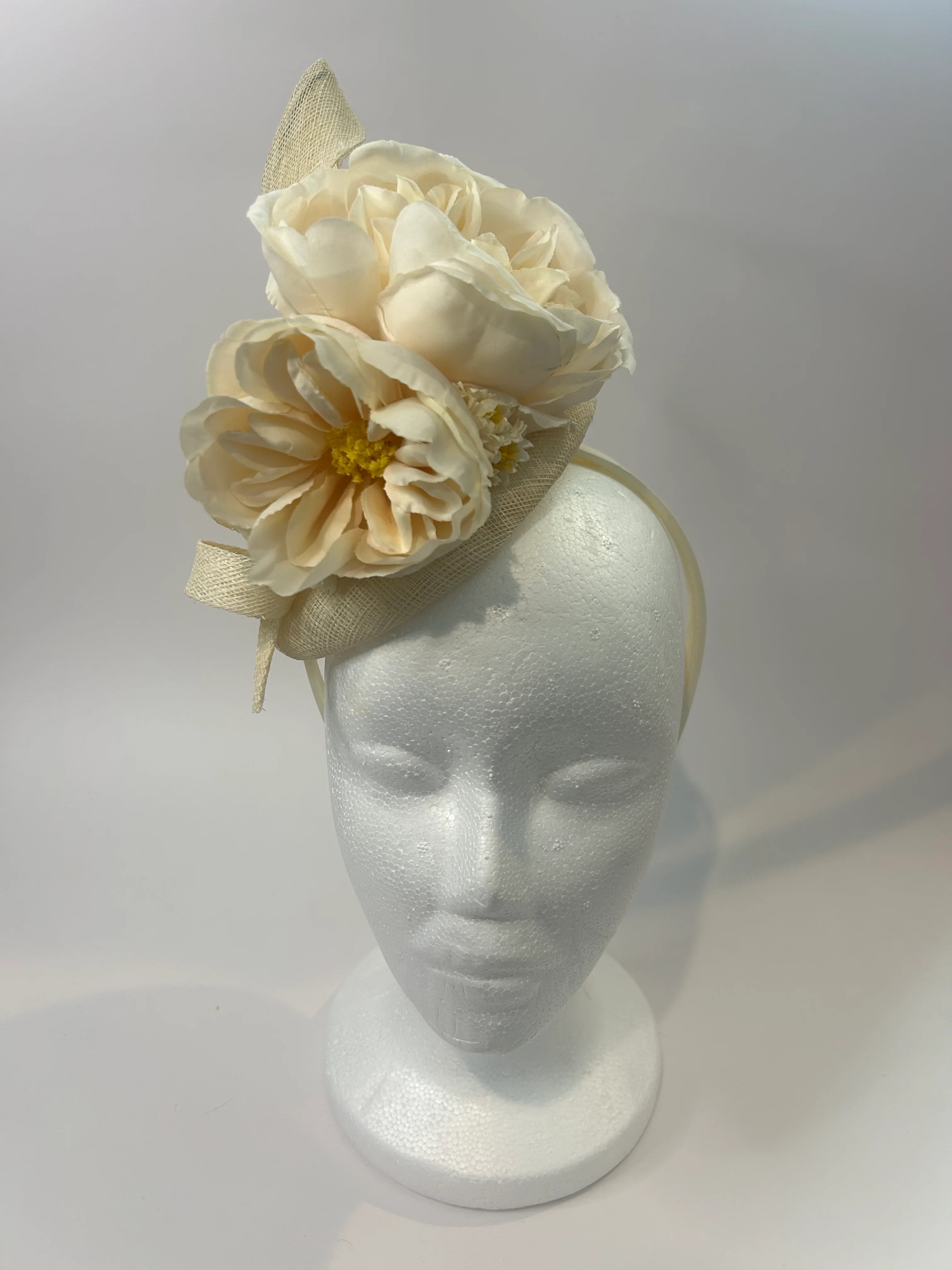 Ivory Pillbox Fascinator Hat with Peony Duo — handmade in Louisville, KY