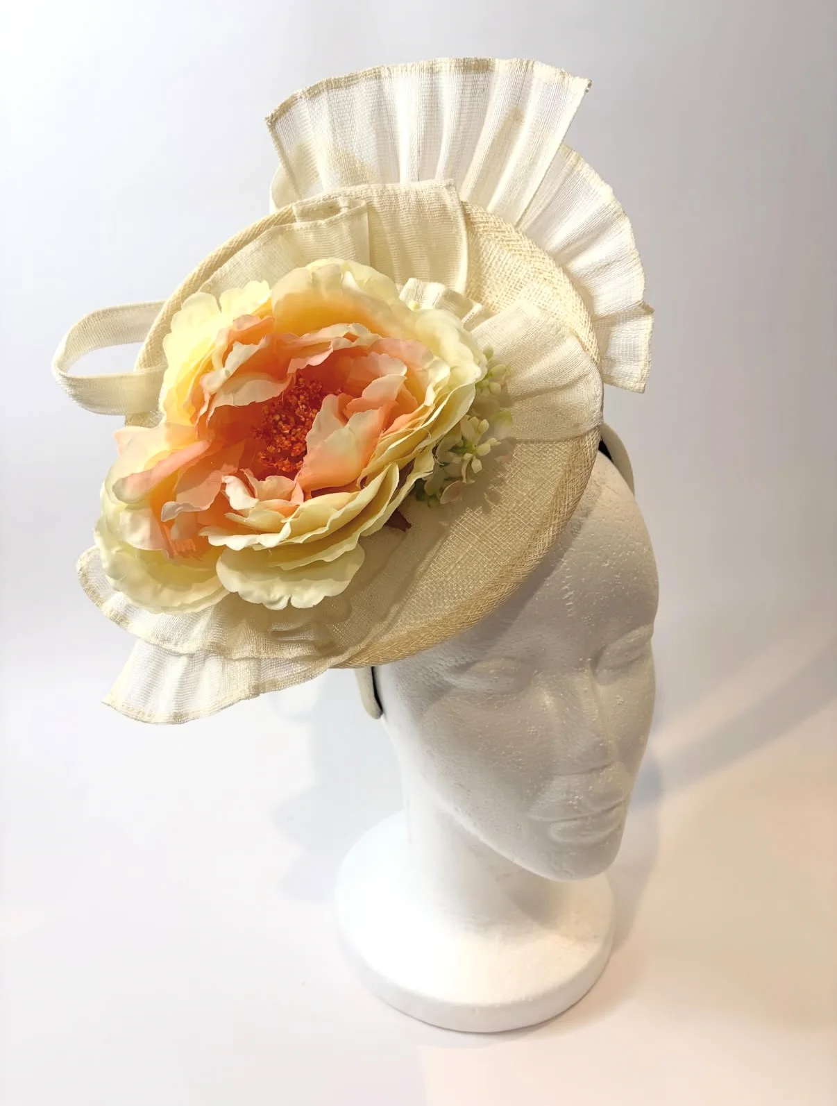 Ivory Saucer Fascinator Hat with Peach Peony and Ruffle — handmade in Louisville, KY