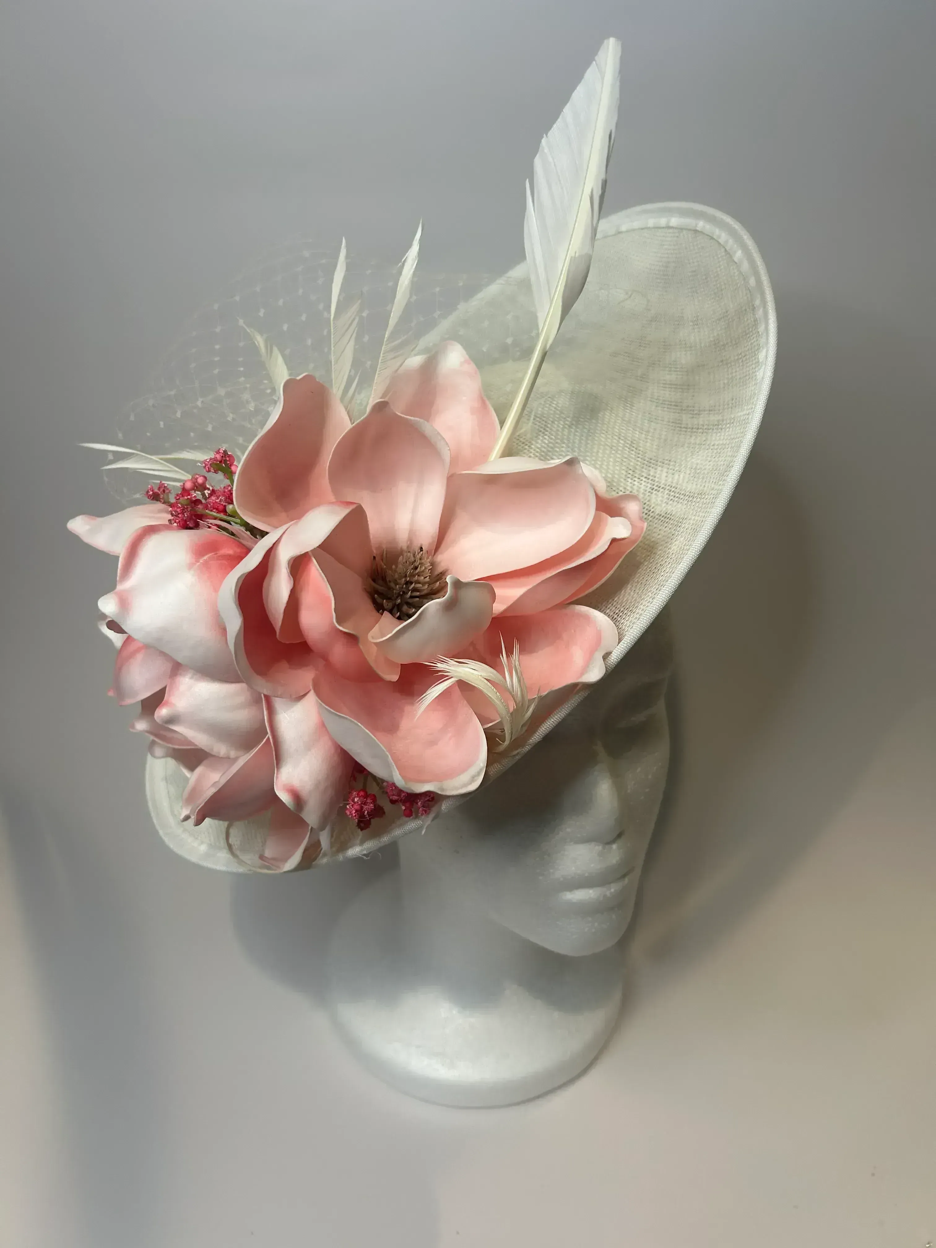 Ivory Saucer Fascinator Hat with Pink Magnolia & Berry Accents — handmade in Louisville, KY